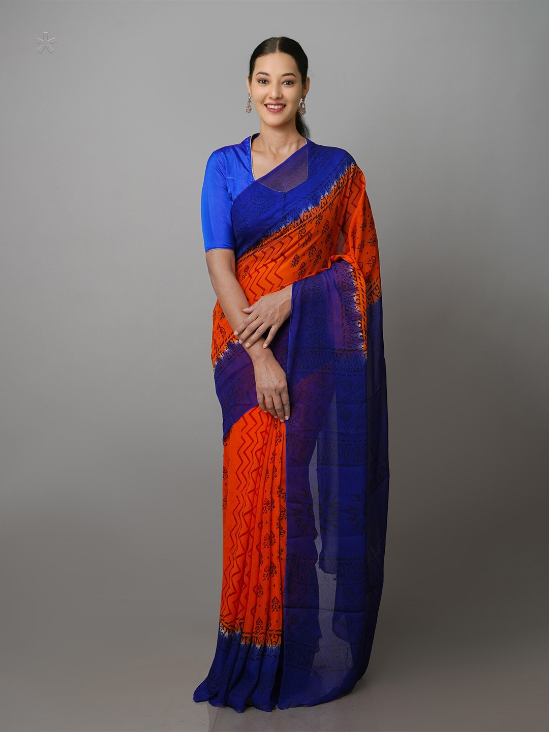

Unnati Silks Ethnic Motifs Silk Blend Block Print Saree, Orange