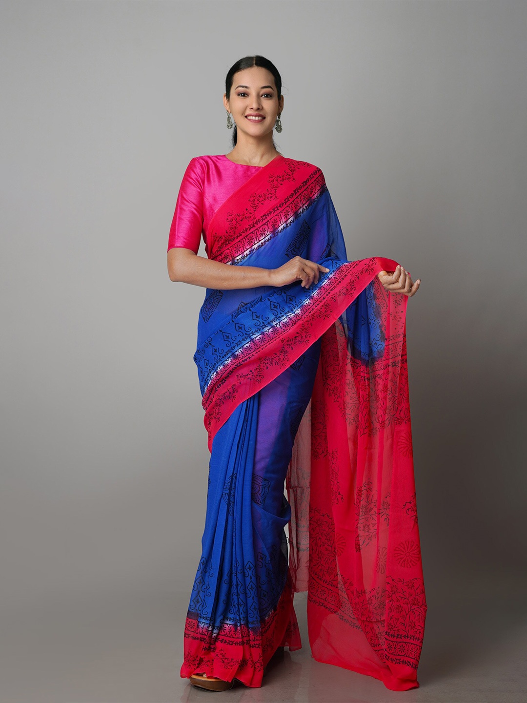 

Unnati Silks Ethnic Motifs Pure Chiffon Block Print Saree, Blue
