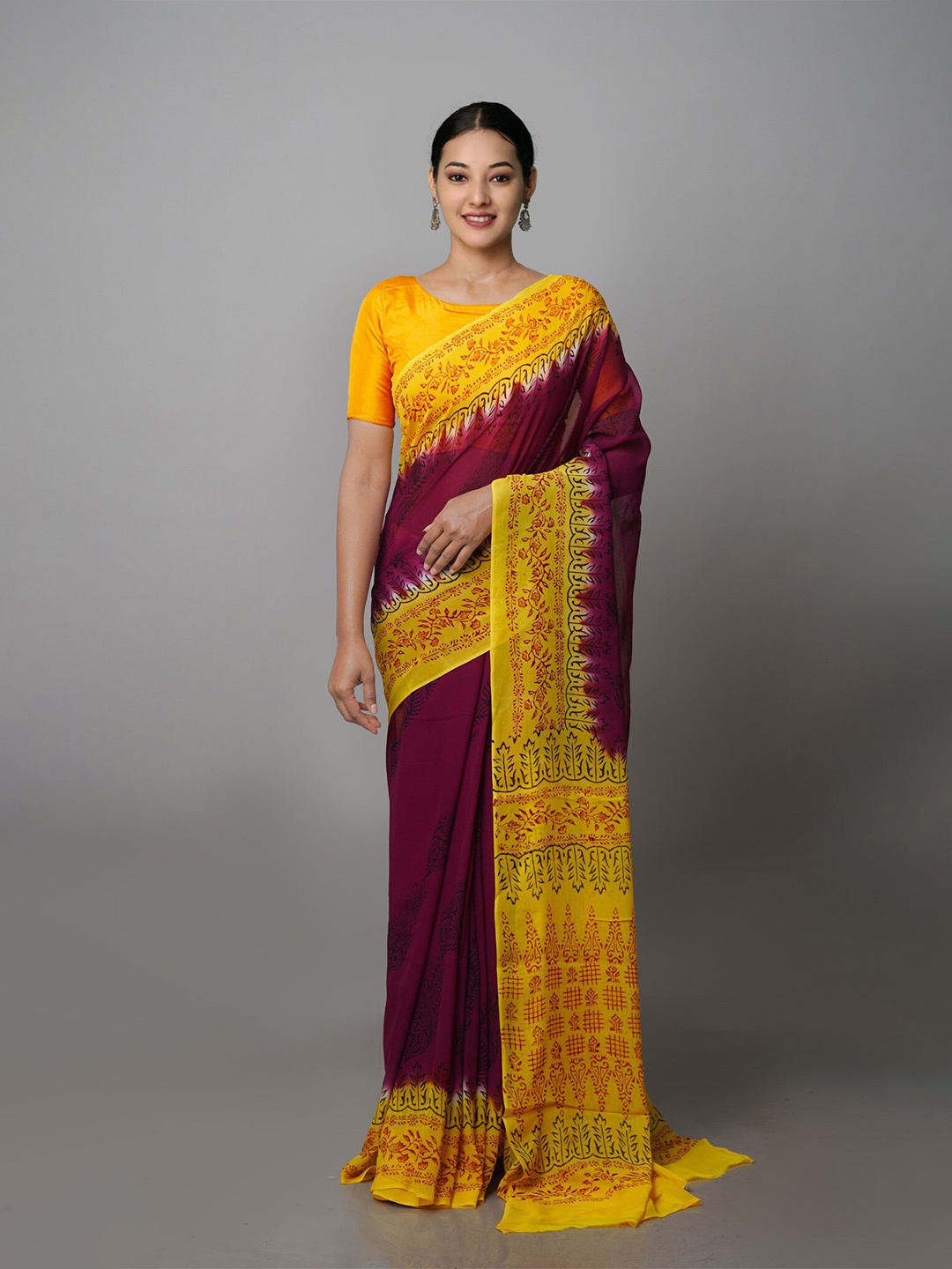 

Unnati Silks Ethnic Motifs Silk Blend Block Print Saree, Purple