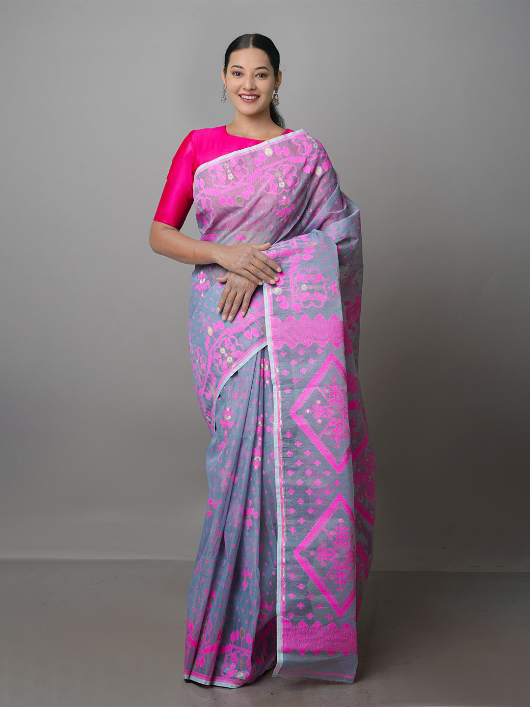 

Unnati Silks Woven Design Zari Pure Cotton Jamdani Saree, Grey