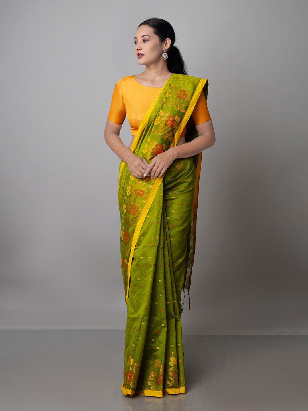 

Unnati Silks Woven Design Zari Silk Cotton Jamdani Saree, Green