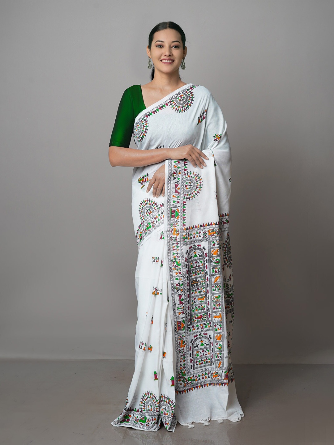 

Unnati Silks Warli Pure Cotton Jamdani Saree, White