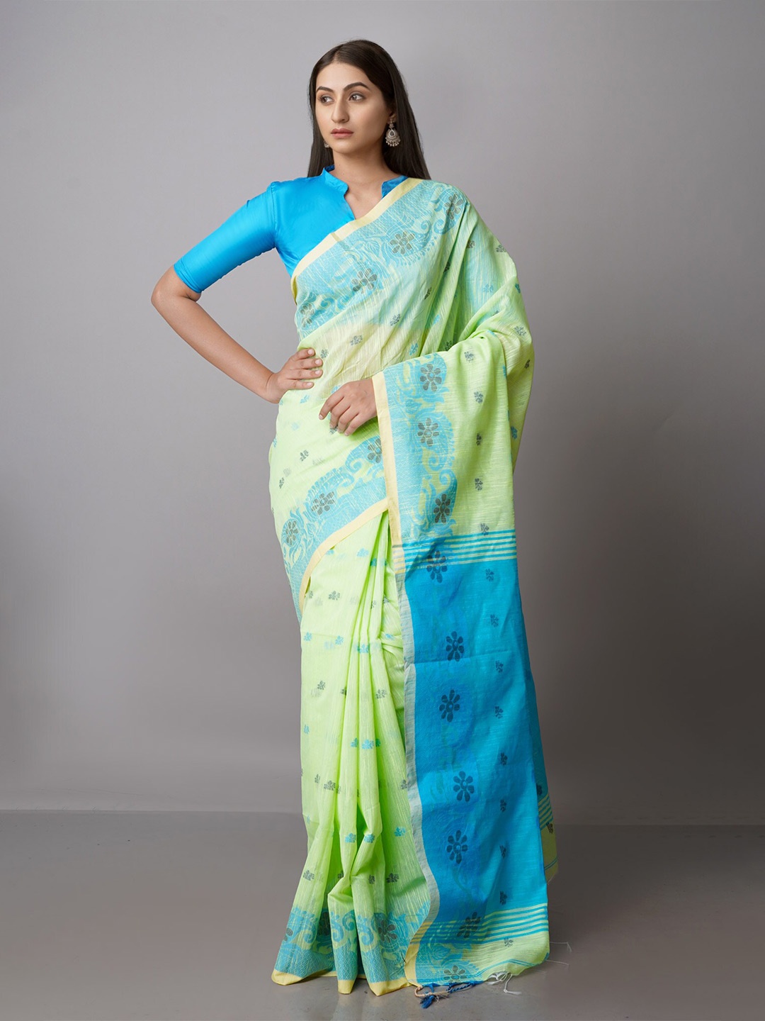 

Unnati Silks Woven Design Silk Cotton Jamdani Saree, Green