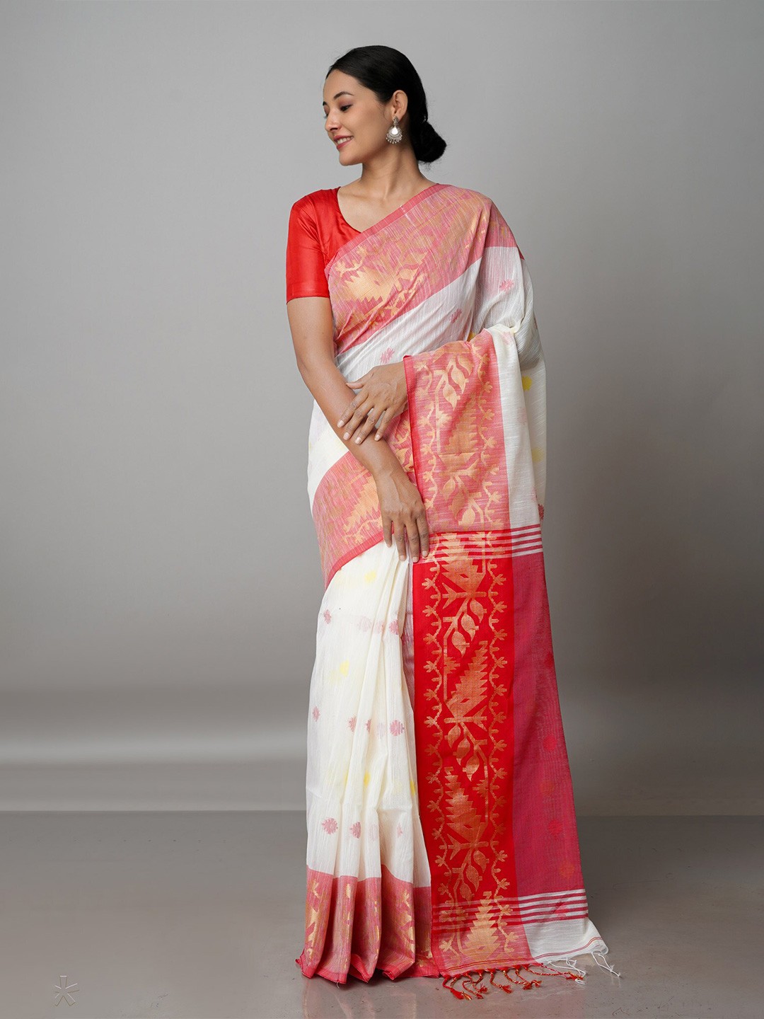 

Unnati Silks Woven Design Zari Silk Cotton Jamdani Saree, White