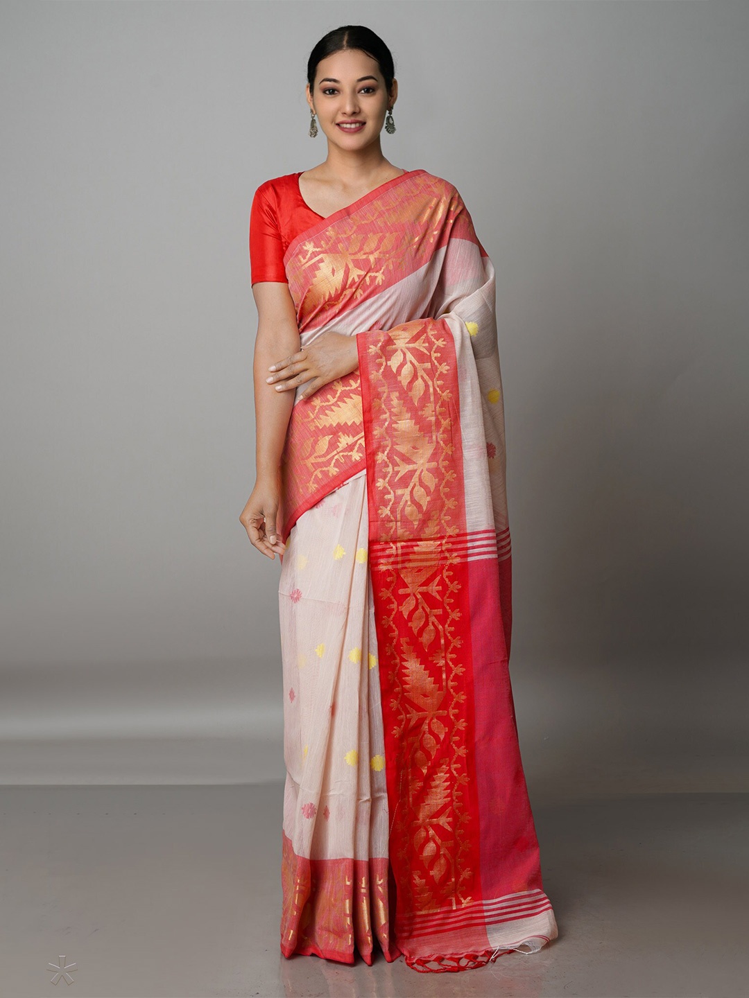 

Unnati Silks Woven Design Zari Silk Cotton Jamdani Saree, White