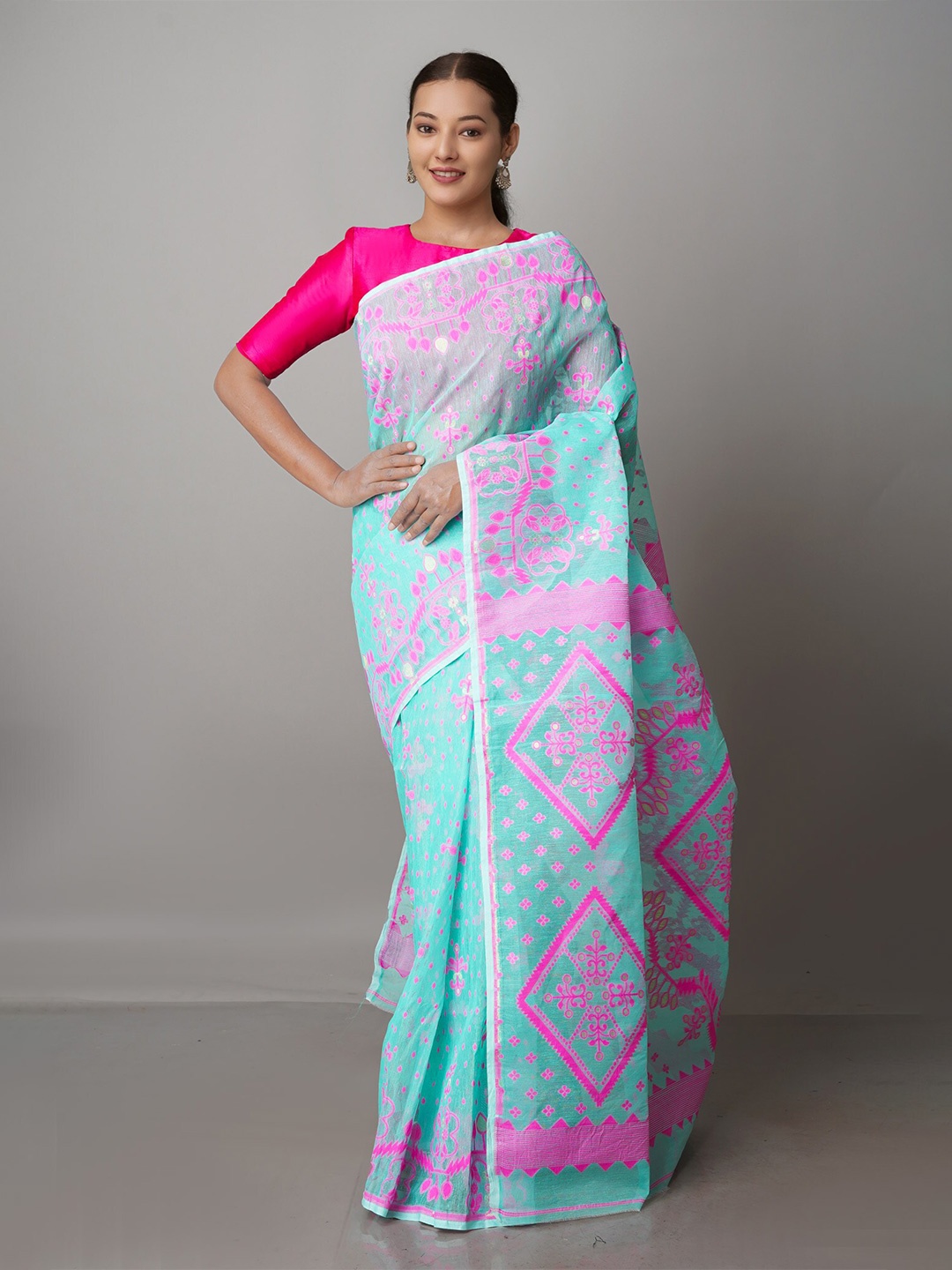 

Unnati Silks Woven Design Pure Cotton Handloom Jamdani Saree, Turquoise blue