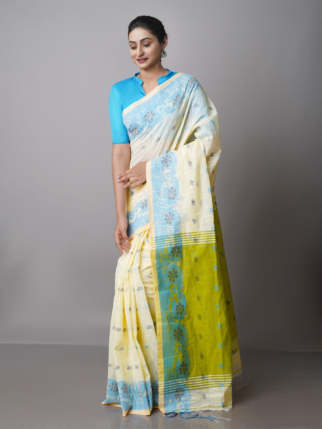 

Unnati Silks Woven Design Zari Silk Cotton Handloom Jamdani Saree, Cream