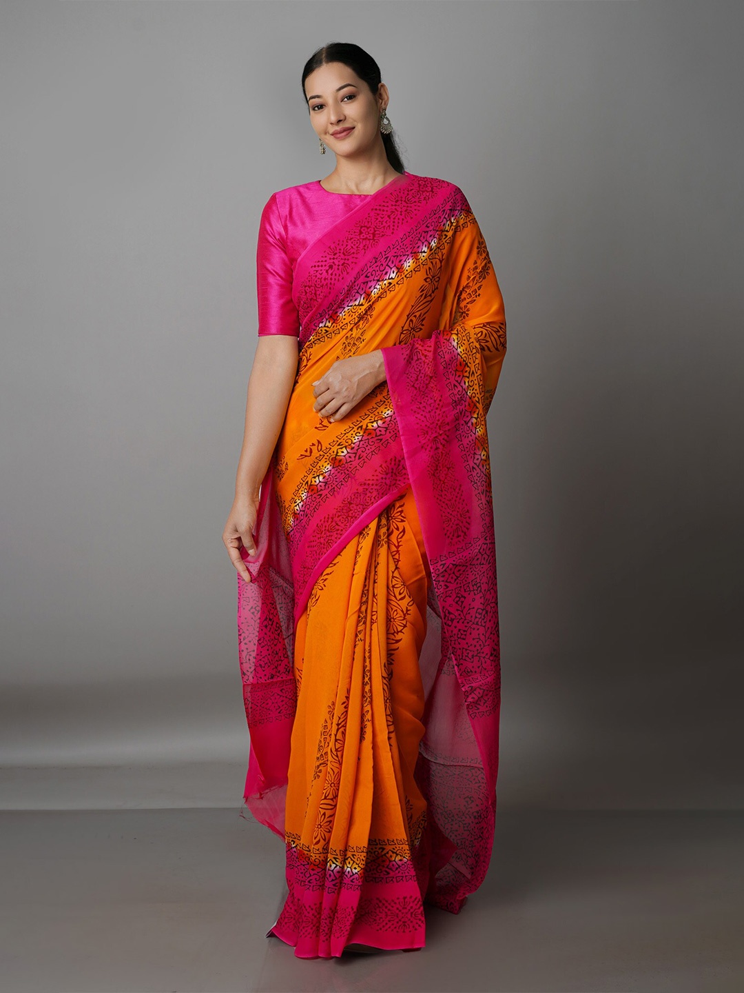 

Unnati Silks Ethnic Motifs Silk Blend Block Print Saree, Orange