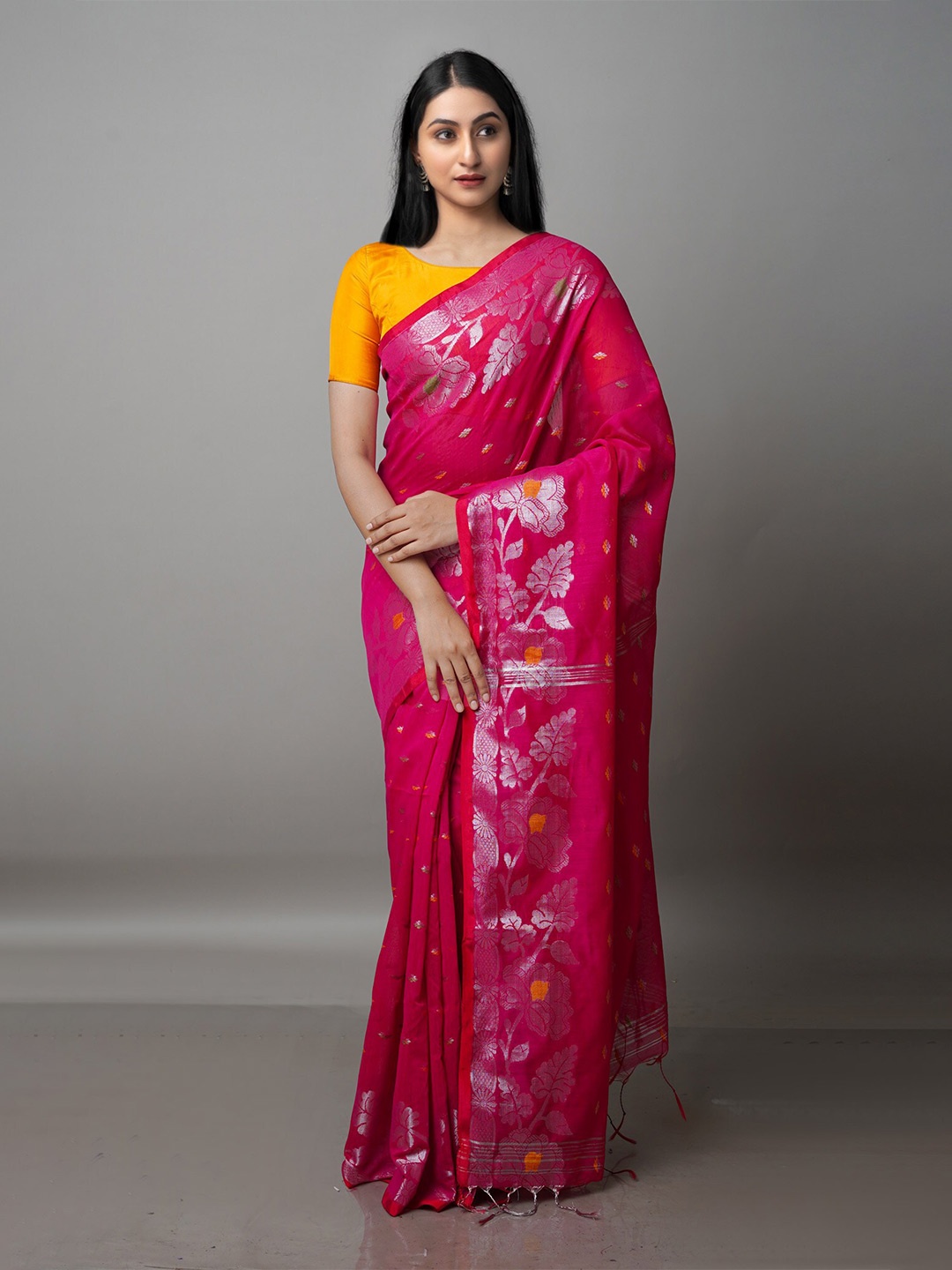 

Unnati Silks Woven Design Zari Silk Cotton Handloom Jamdani Saree, Pink