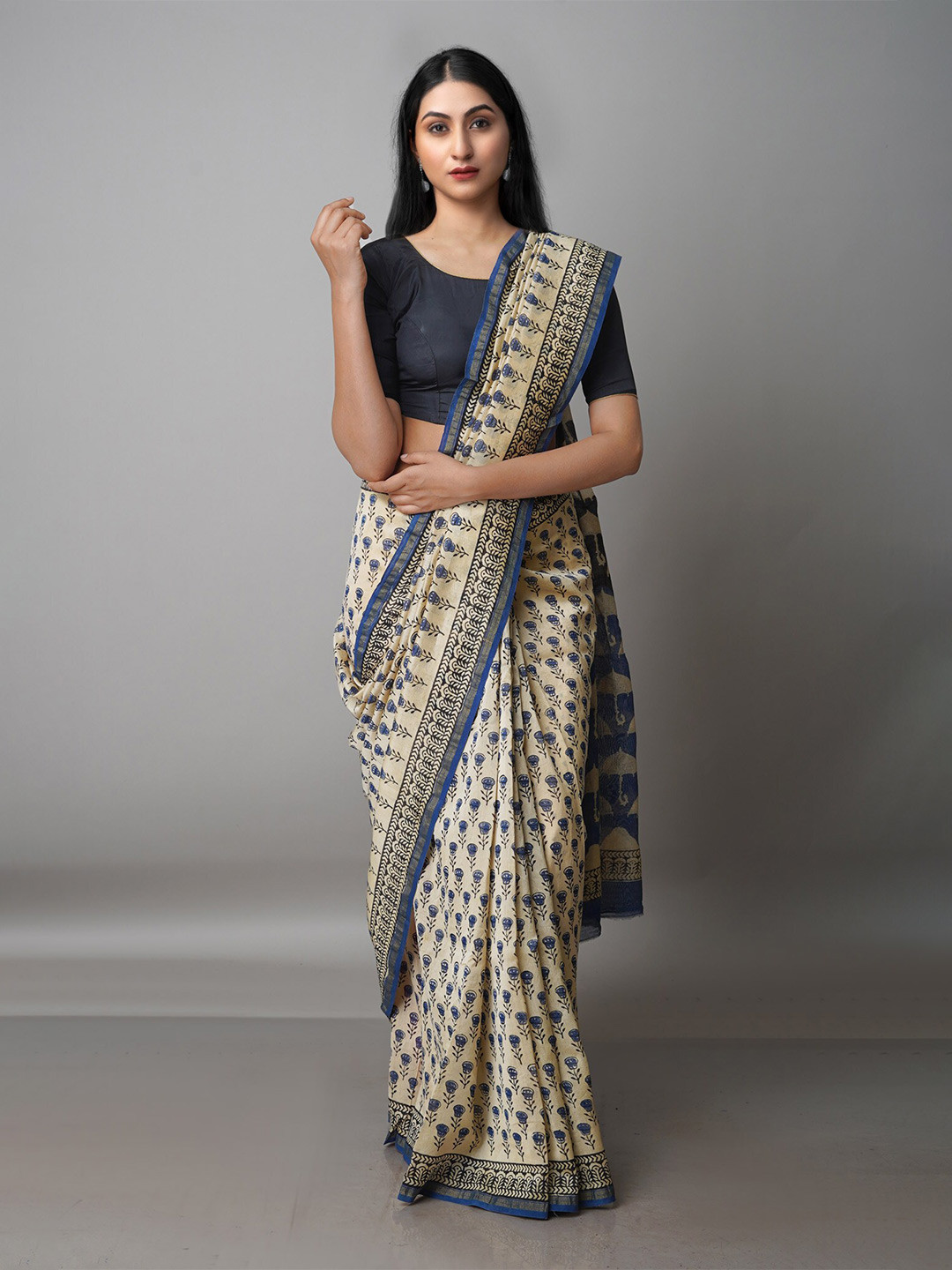 

Unnati Silks Ethnic Motifs Silk Cotton Chanderi Saree, Beige