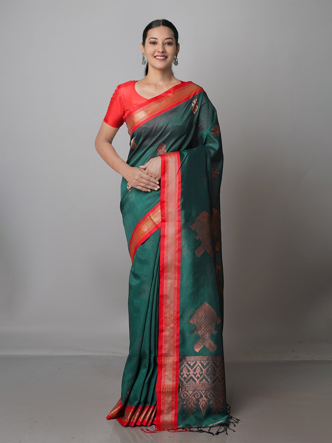 

Unnati Silks Woven Design Zari Pure Silk Handloom Jamdani Saree, Green