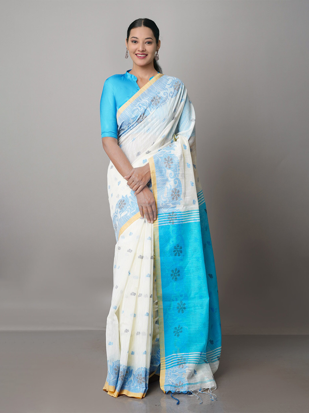 

Unnati Silks Woven Design Zari Silk Cotton Handloom Jamdani Saree, Off white