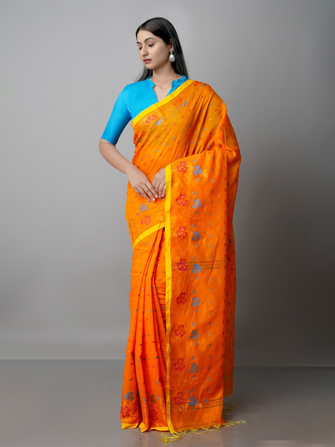

Unnati Silks Floral Zari Silk Cotton Jamdani Saree, Orange