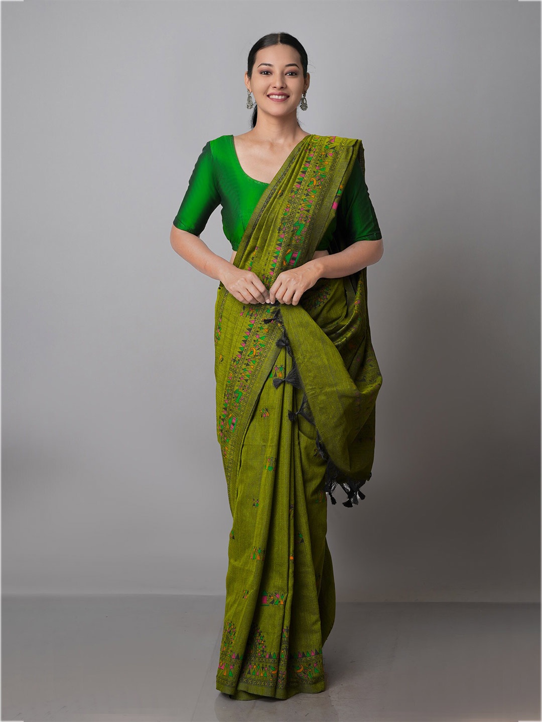 

Unnati Silks Warli Pure Cotton Jamdani Handloom Saree, Green