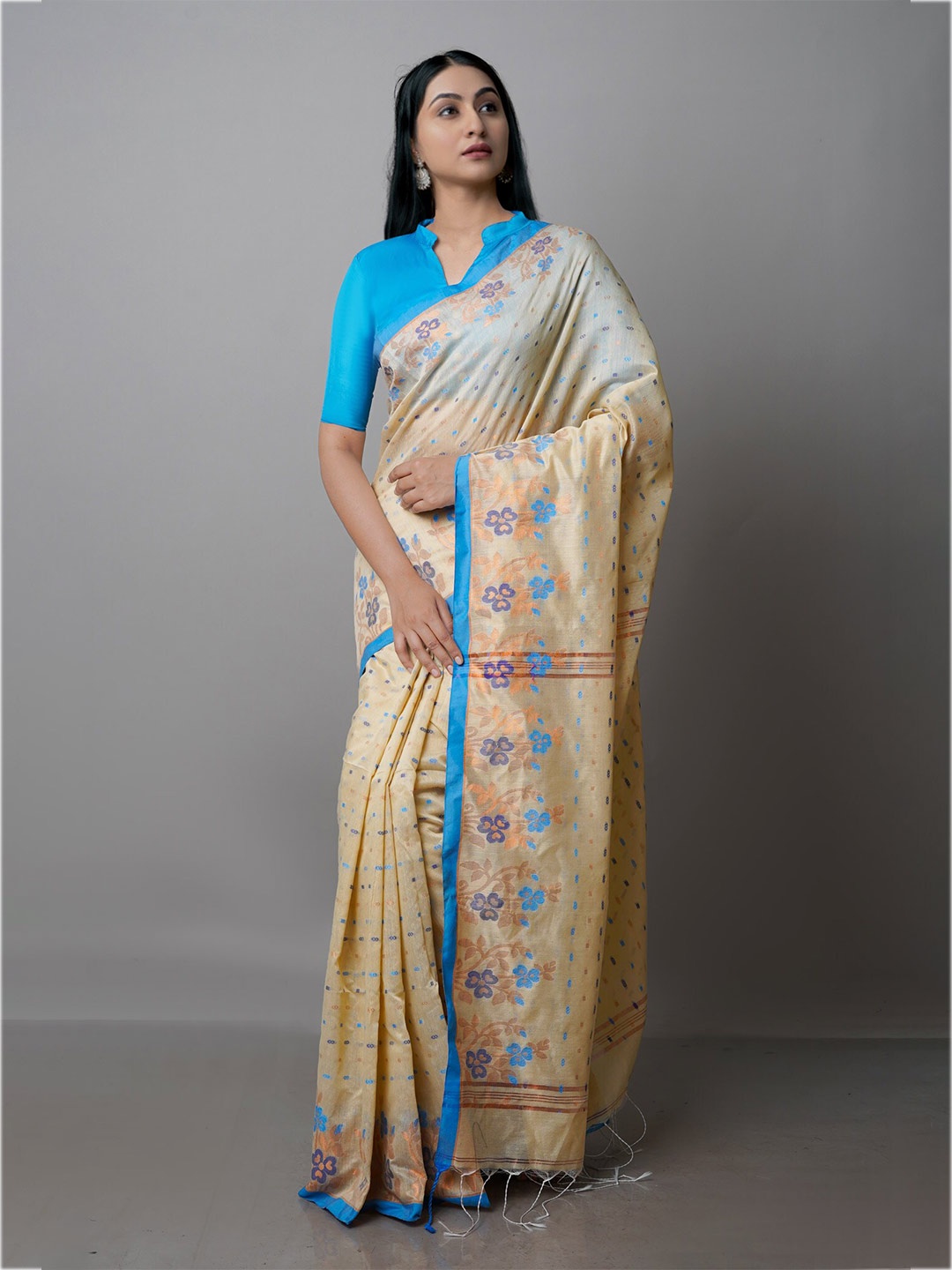 

Unnati Silks Woven Design Zari Silk Cotton Jamdani Handloom Saree, Beige
