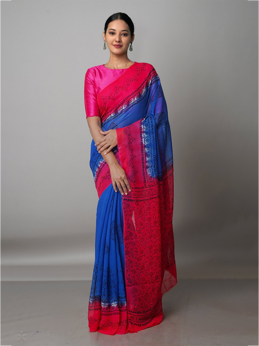 

Unnati Silks Ethnic Motifs Block Print Saree, Blue