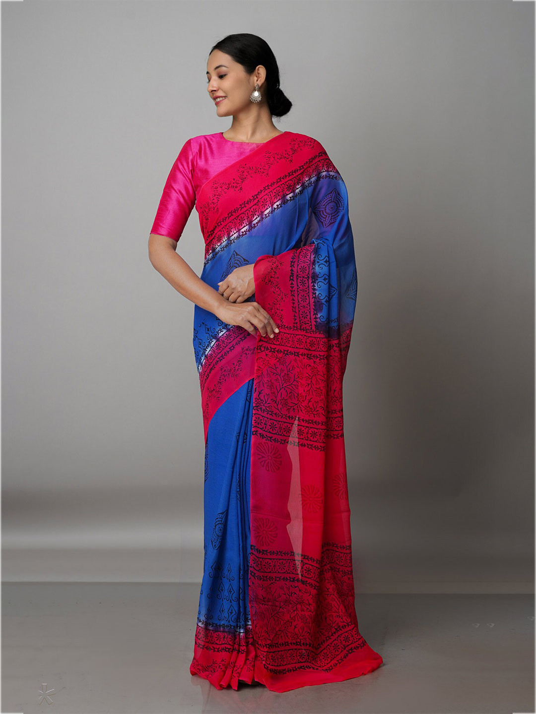 

Unnati Silks Ethnic Motifs Block Print Saree, Blue