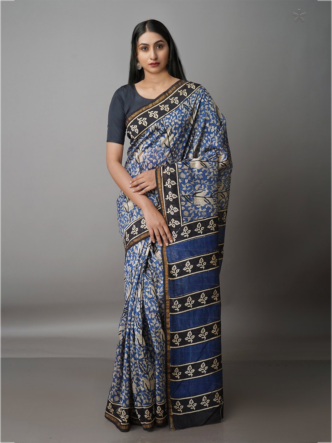 

Unnati Silks Floral Zari Silk Cotton Chanderi Saree, Blue