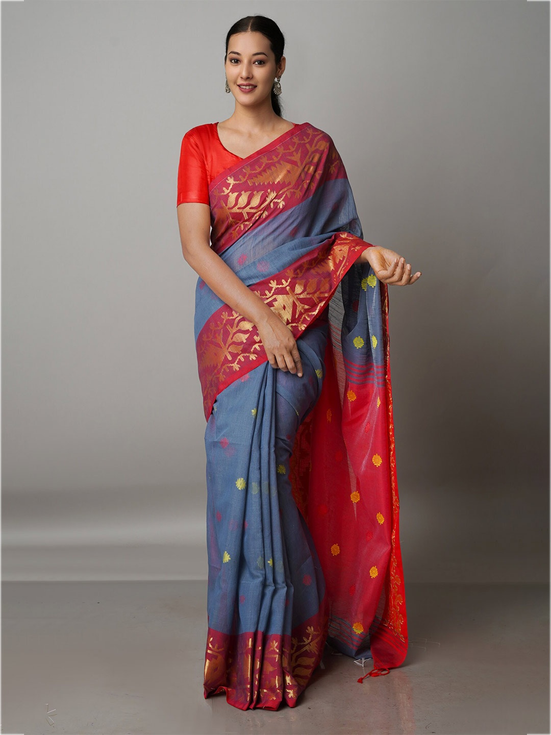 

Unnati Silks Ethnic Motifs Zari Silk Cotton Jamdani Saree, Blue