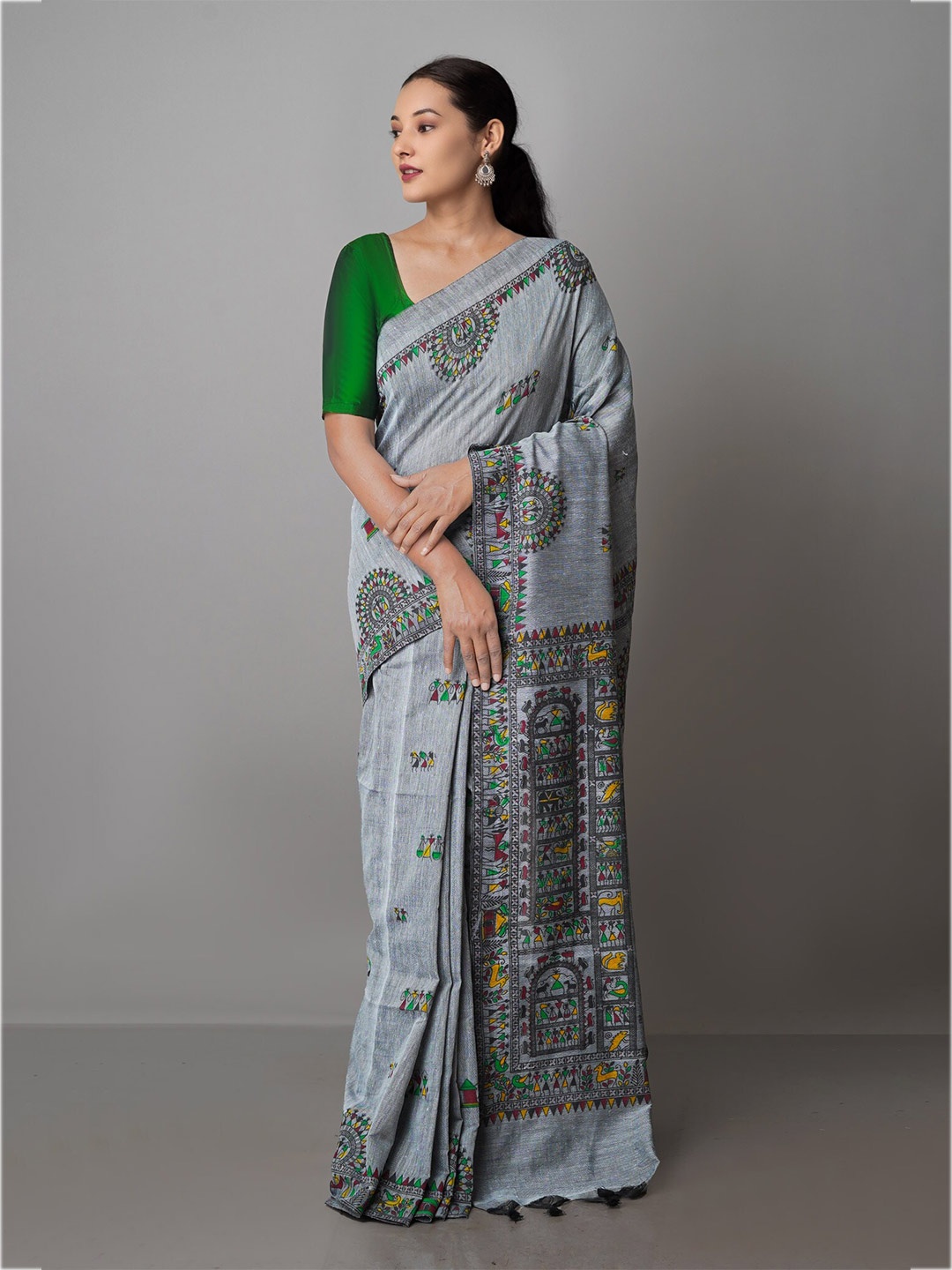

Unnati Silks Warli Pure Cotton Jamdani Saree, Grey
