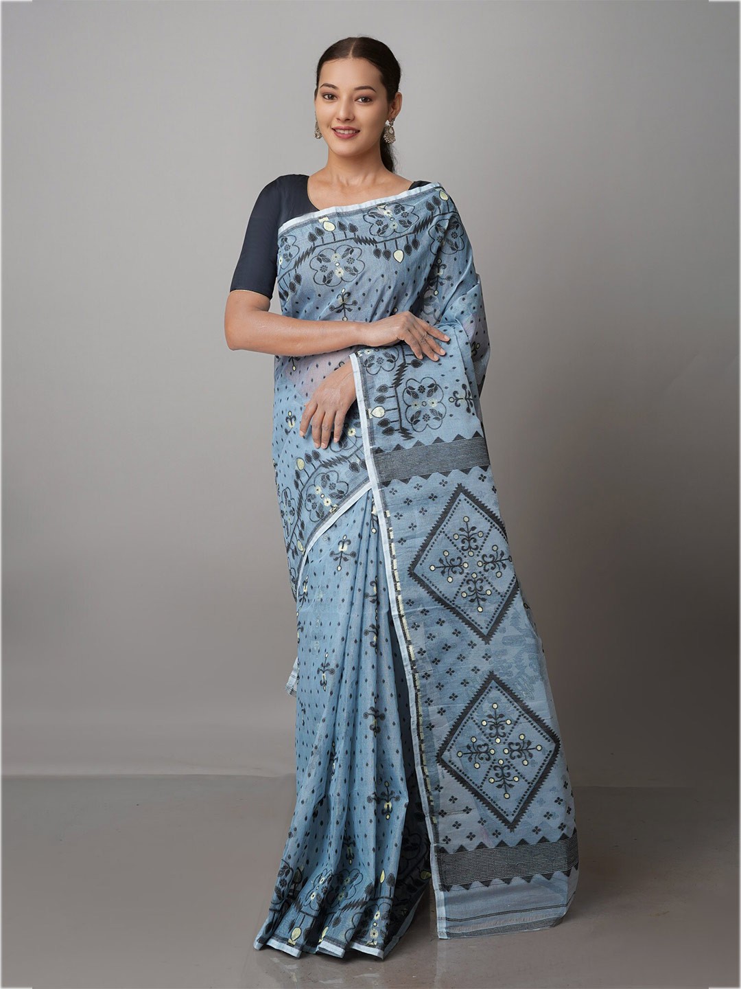 

Unnati Silks Ethnic Motifs Pure Cotton Jamdani Saree, Grey