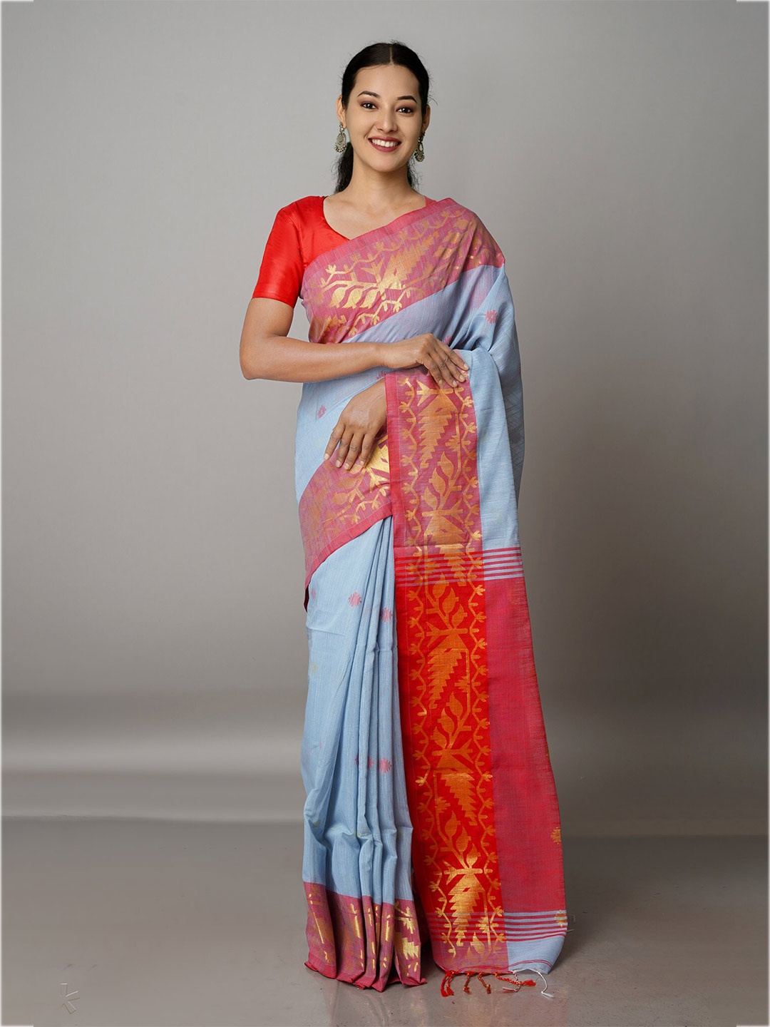 

Unnati Silks Ethnic Motifs Zari Silk Cotton Jamdani Saree, Blue