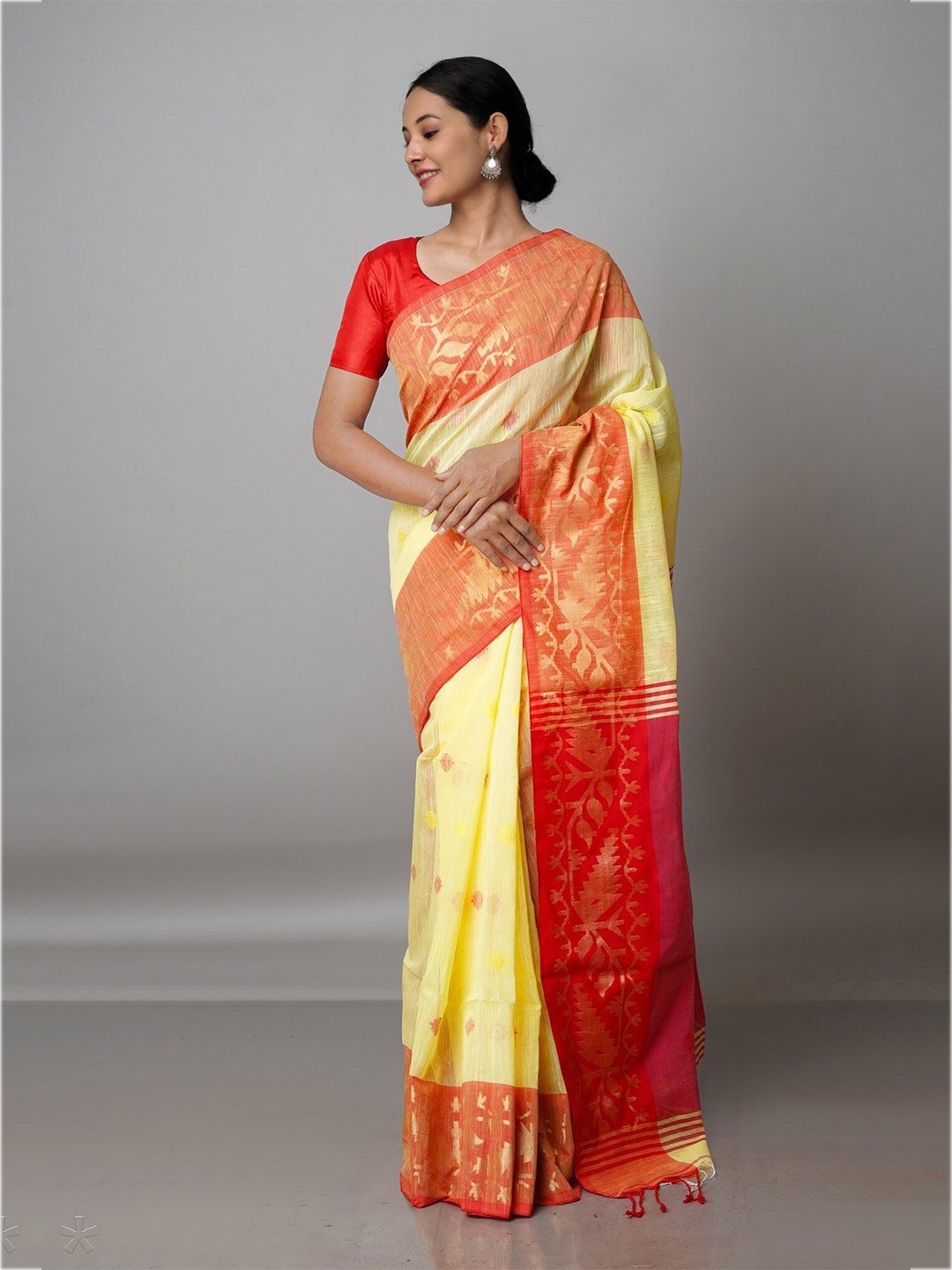 

Unnati Silks Woven Design Zari Silk Cotton Jamdani Saree, Yellow