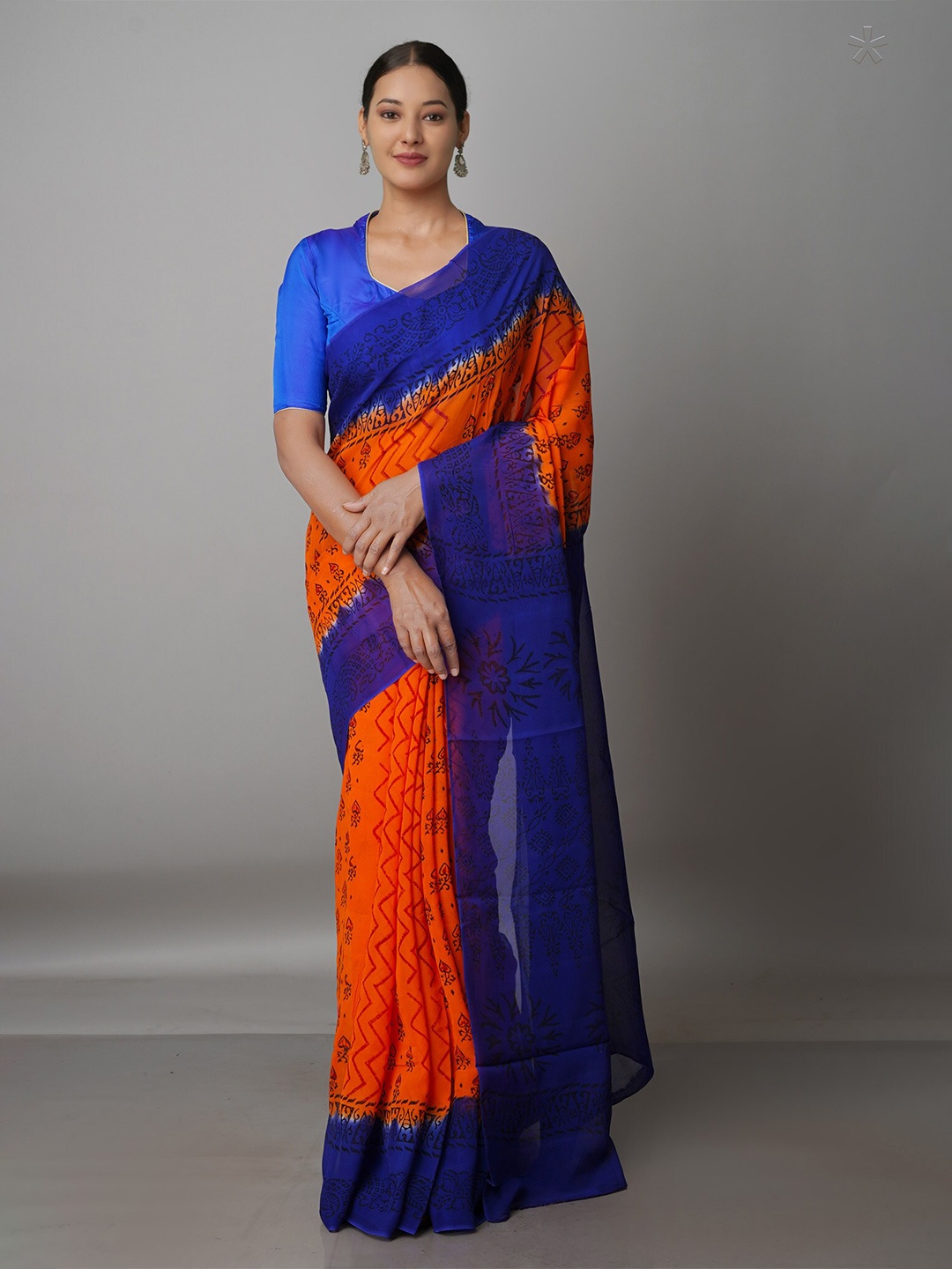 

Unnati Silks Ethnic Motifs Silk Blend Block Print Saree, Orange