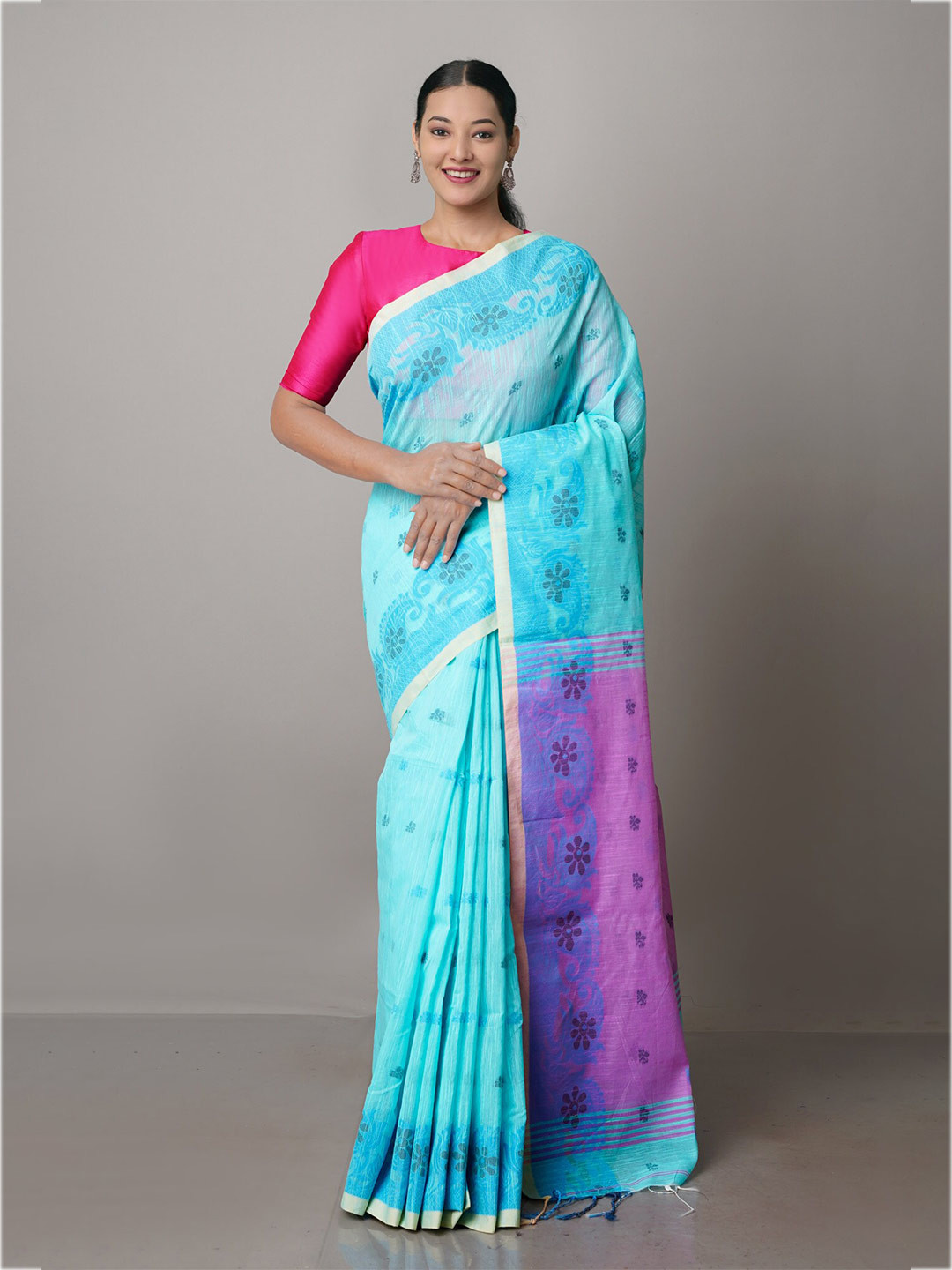 

Unnati Silks Woven Design Zari Silk Cotton Jamdani Saree, Blue
