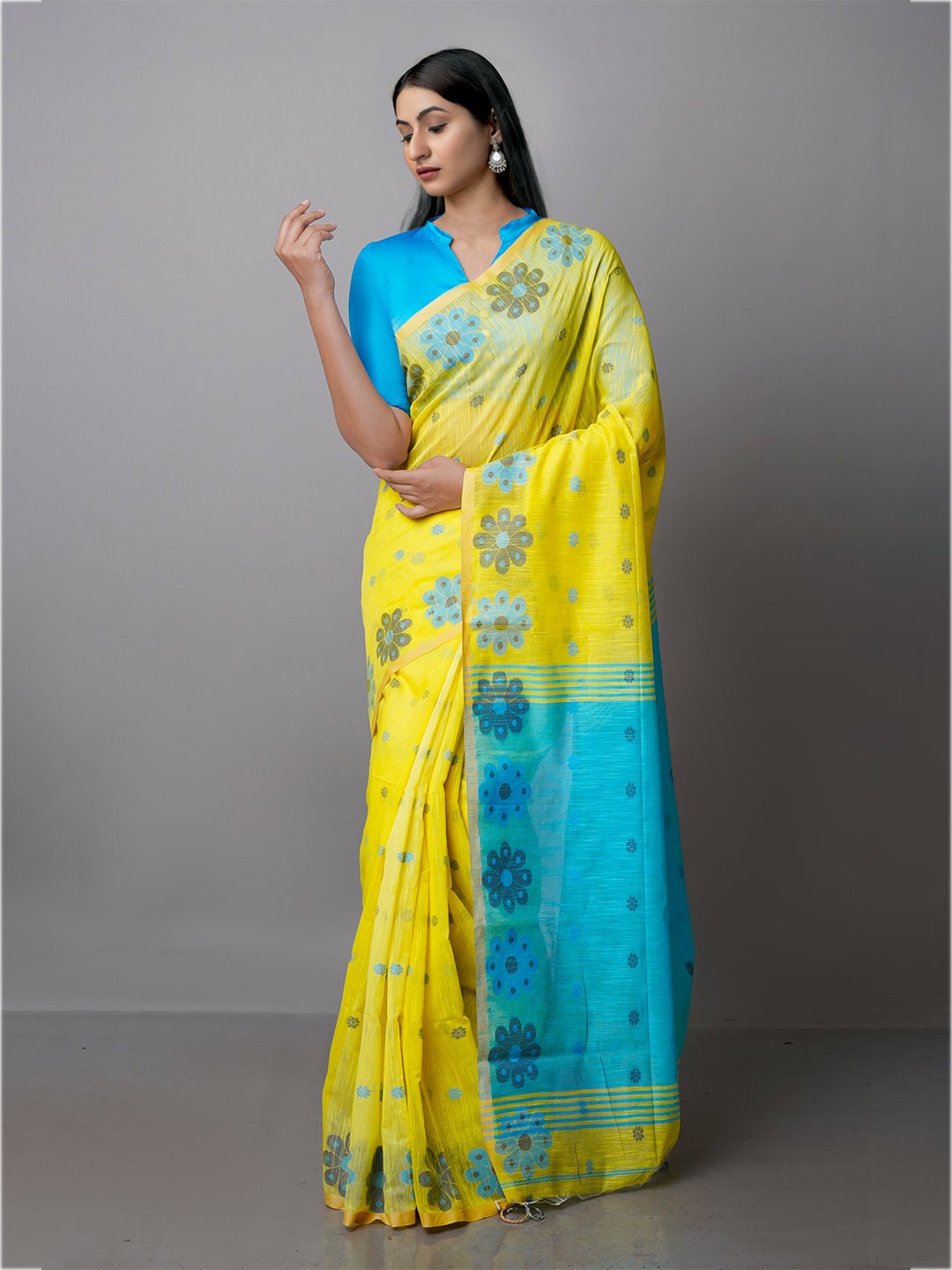

Unnati Silks Woven Design Zari Silk Cotton Jamdani Saree, Yellow