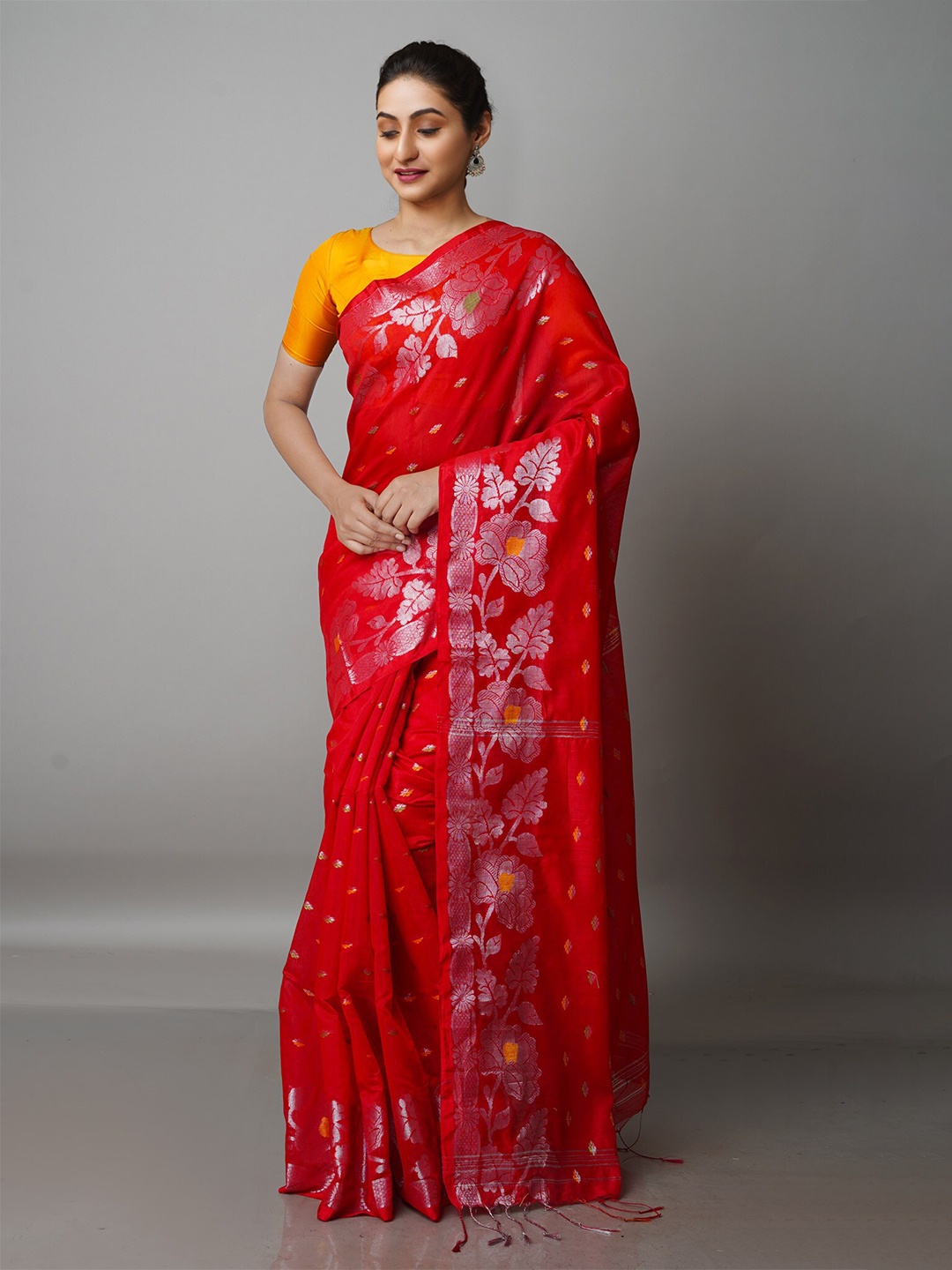 

Unnati Silks Woven Design Zari Silk Cotton Jamdani Saree, Red
