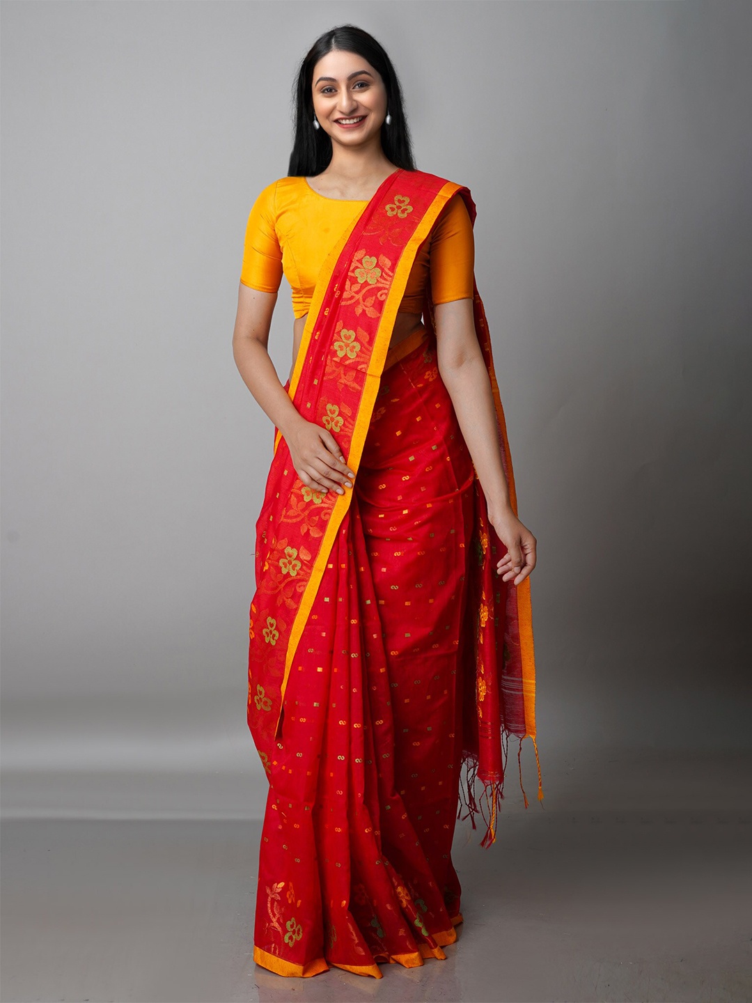 

Unnati Silks Woven Design Zari Silk Cotton Jamdani Saree, Red