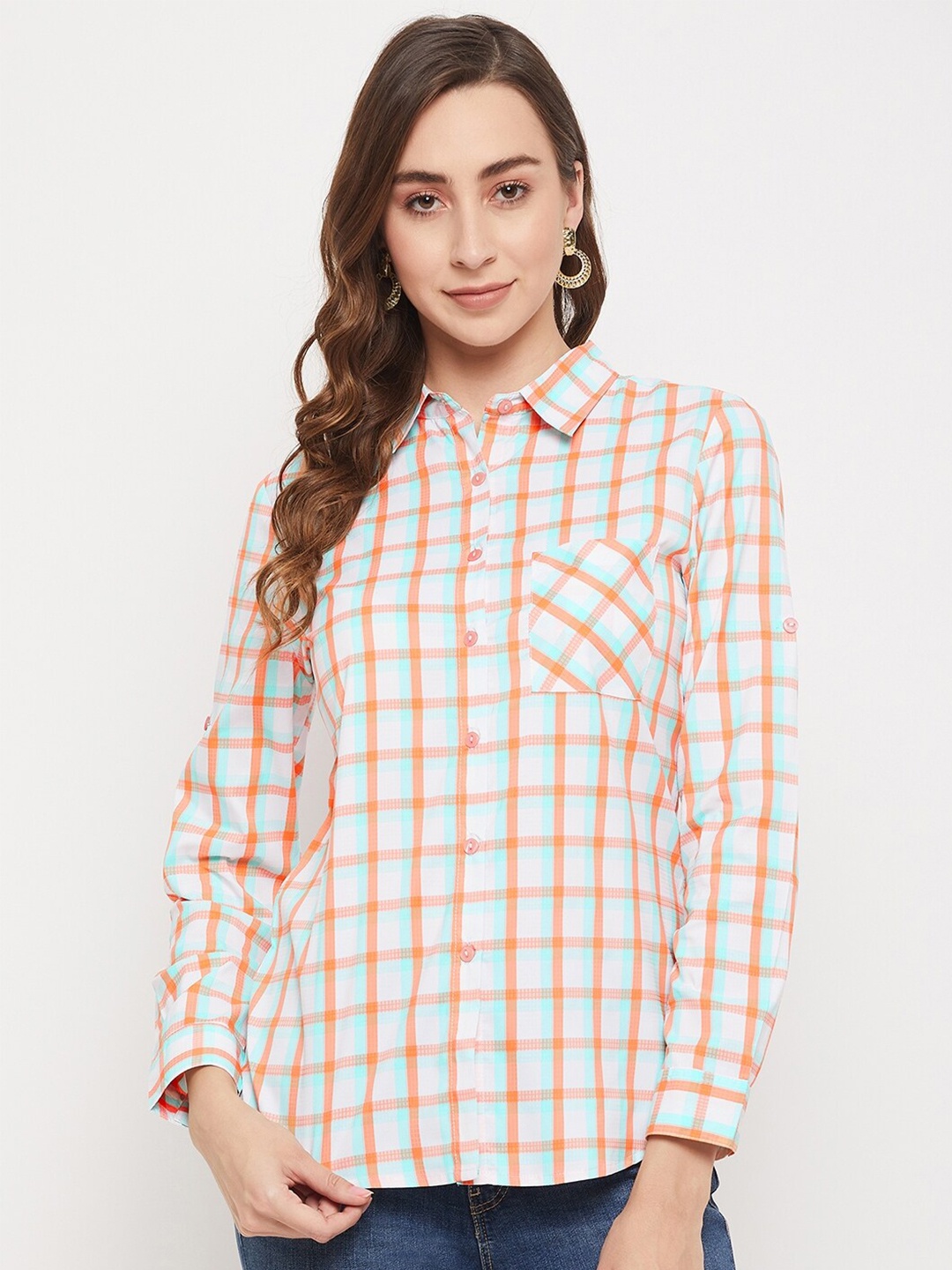 

Ruhaans Women Cotton Classic Checked Casual Shirt, Orange