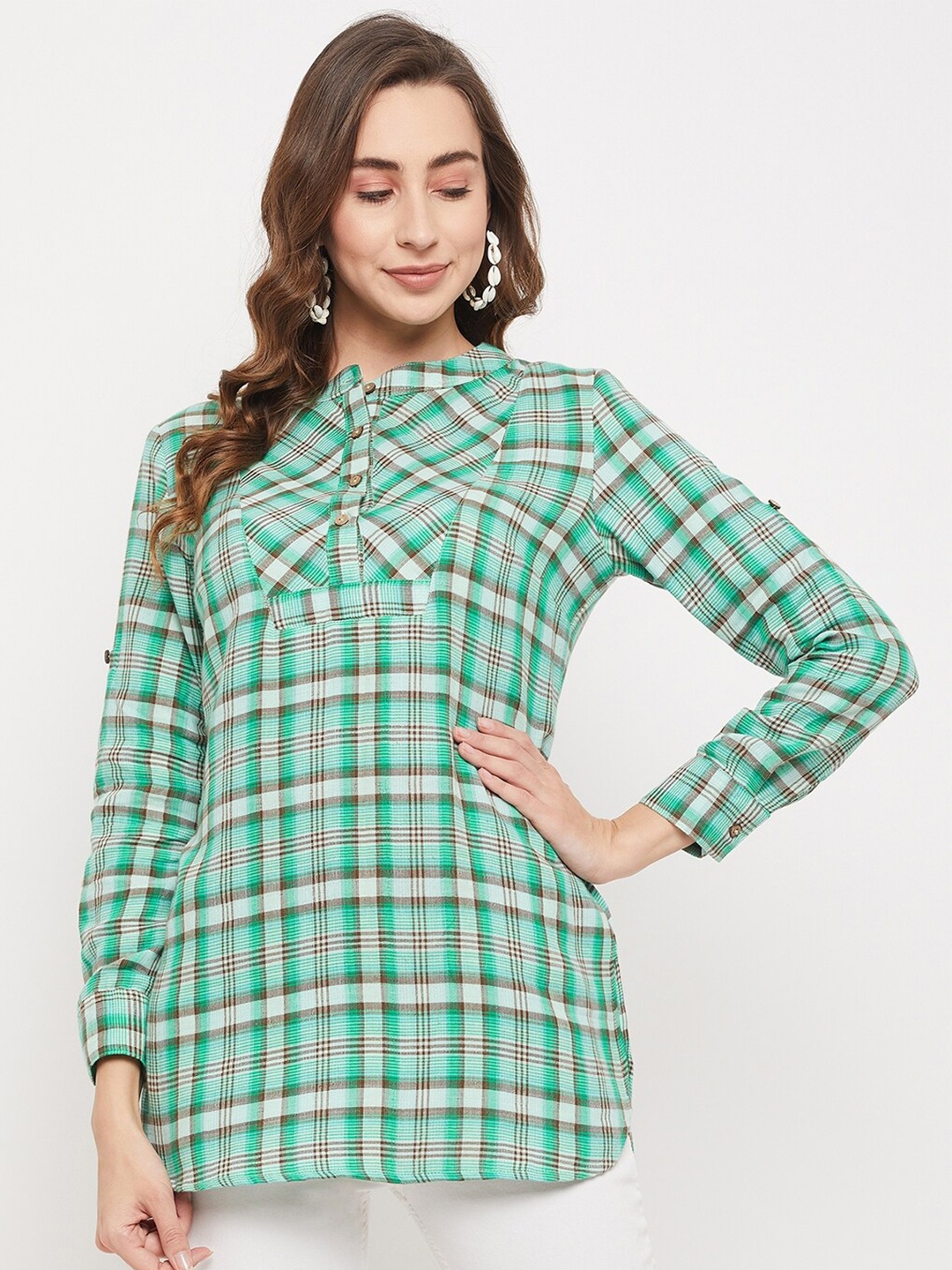 

Ruhaans Mandarin Collar Checked Cotton Tunic, Green