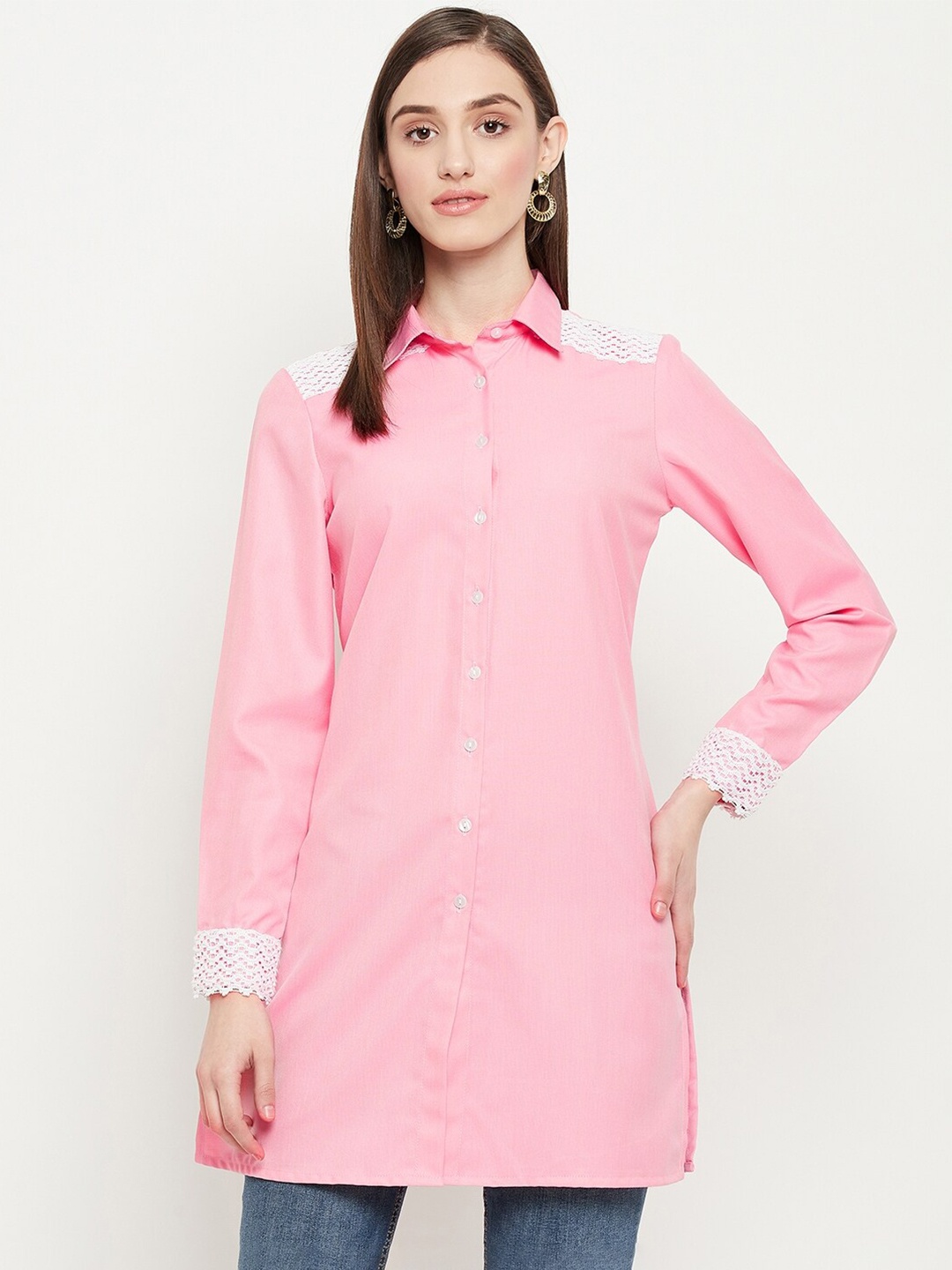 

Ruhaans Women Solid Classic Longline Casual Shirt, Pink
