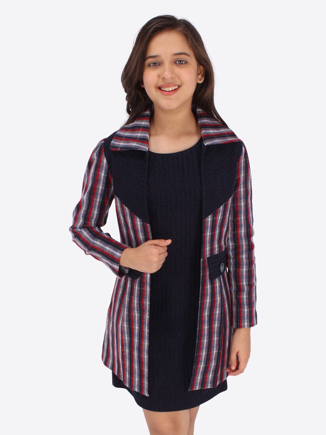 

CUTECUMBER Checked A-Line Dress With Full Sleeves Jacket, Navy blue