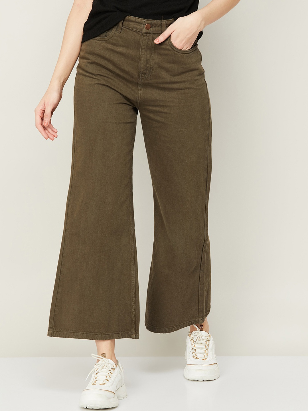 

Ginger by Lifestyle Women Flared High-Rise Cotton Jeans, Olive
