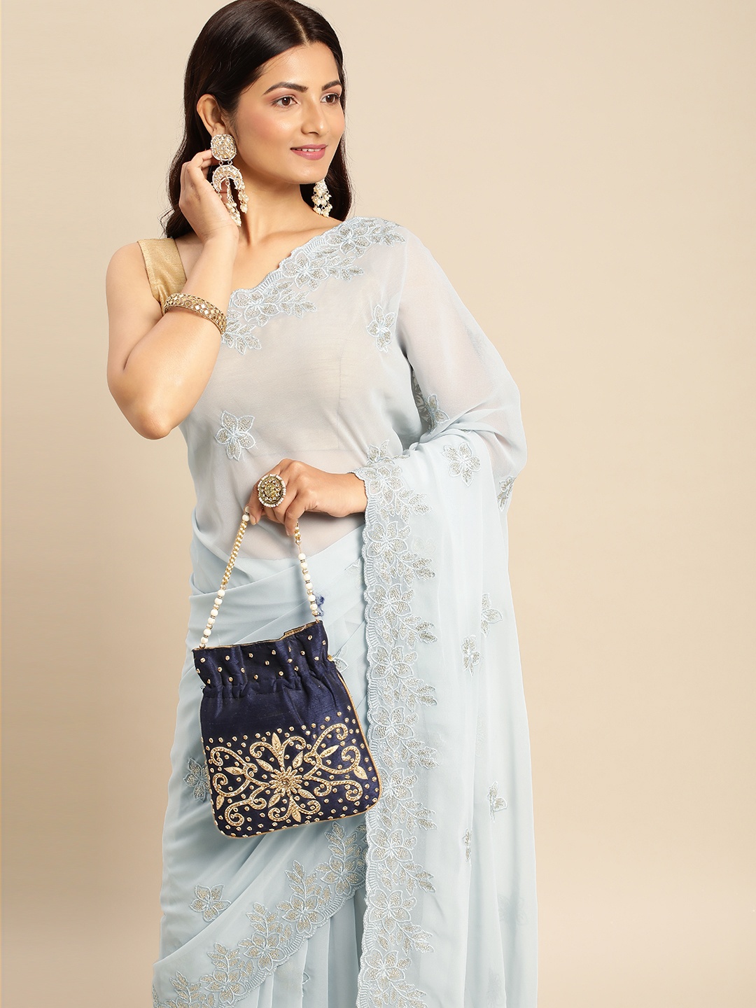 

kasee Floral Zari Pure Georgette Saree, Blue