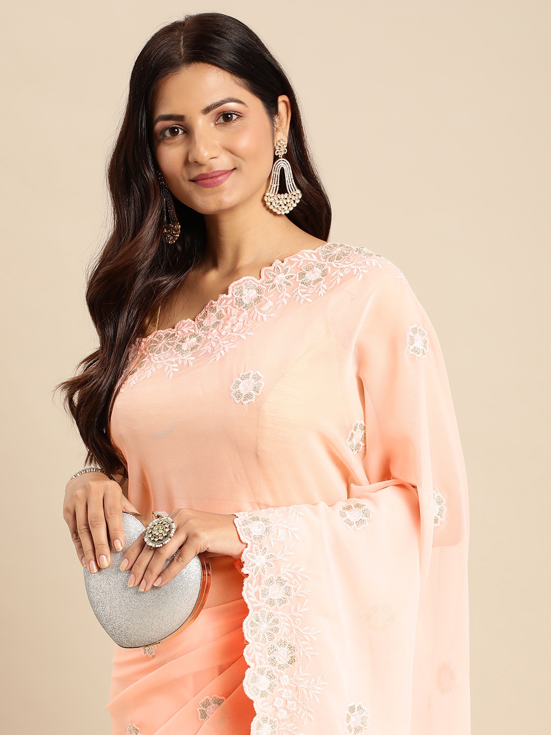 

kasee Floral Zari Pure Georgette Saree, Peach