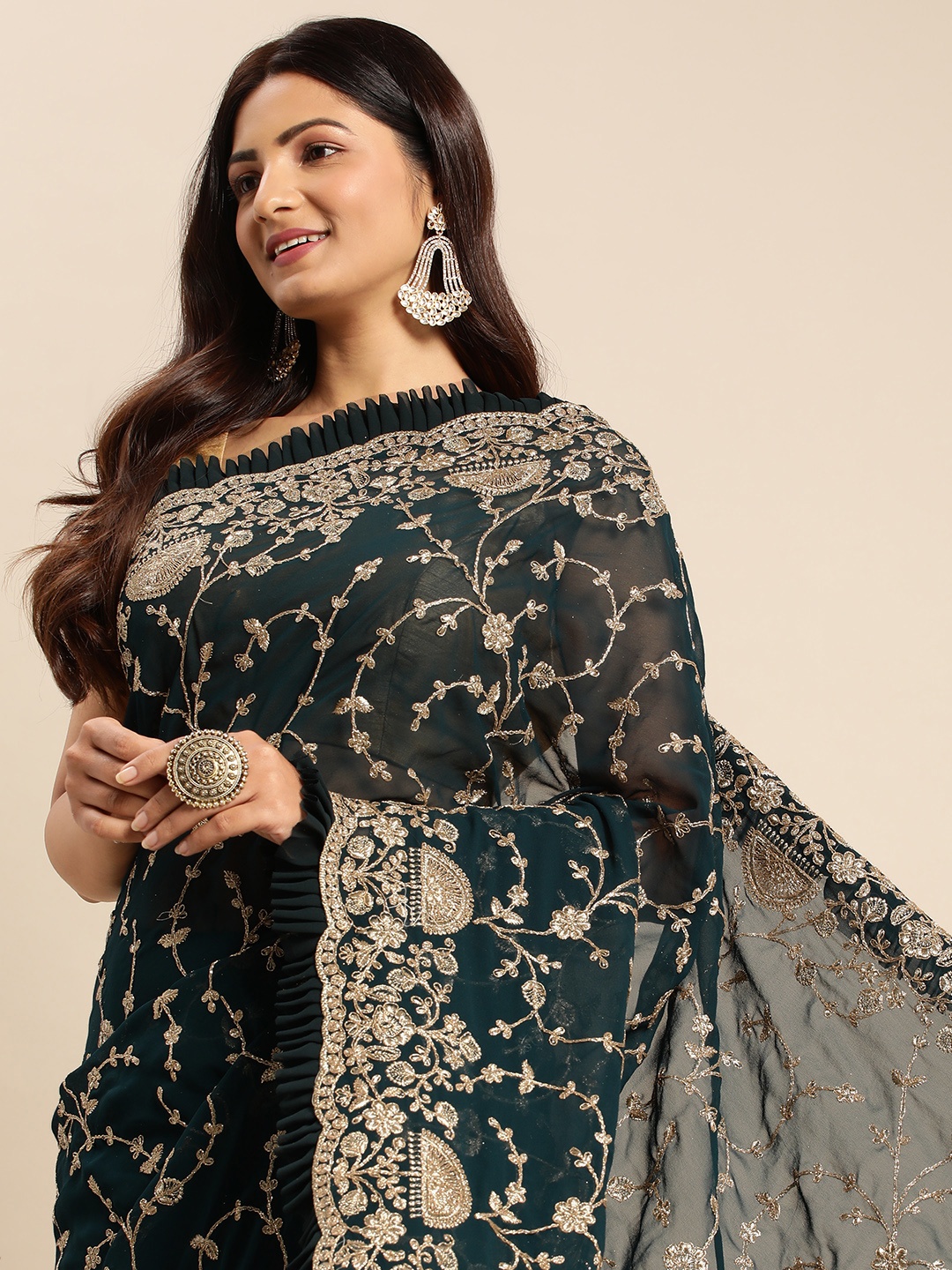 

kasee Floral Zari Pure Georgette Saree, Green