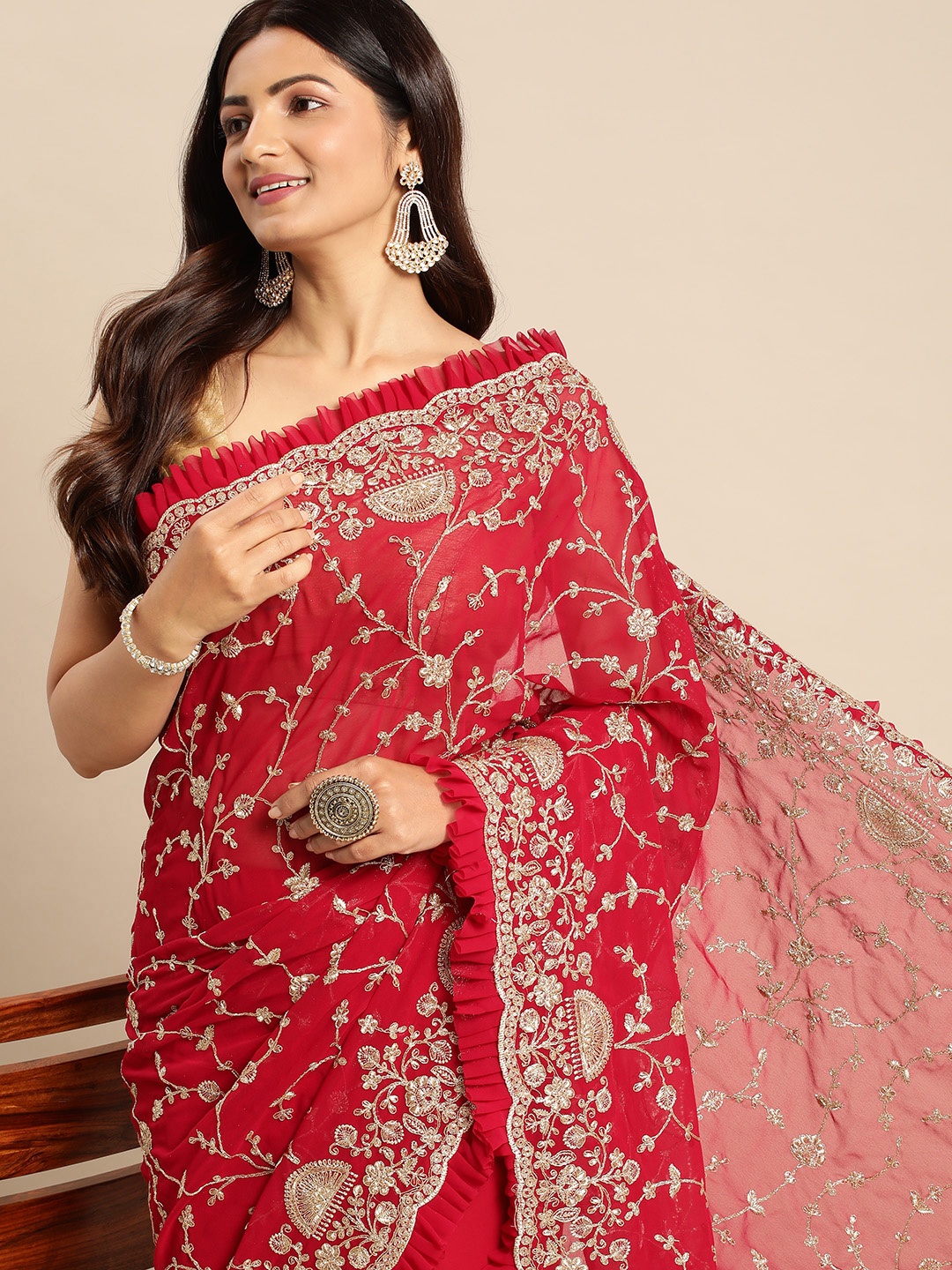 

kasee Floral Zari Pure Georgette Saree, Red