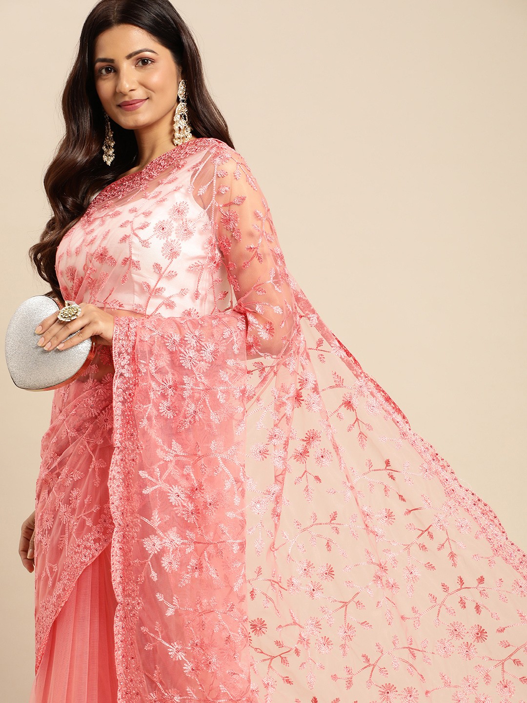 

kasee Floral Embroidered Net Saree, Pink