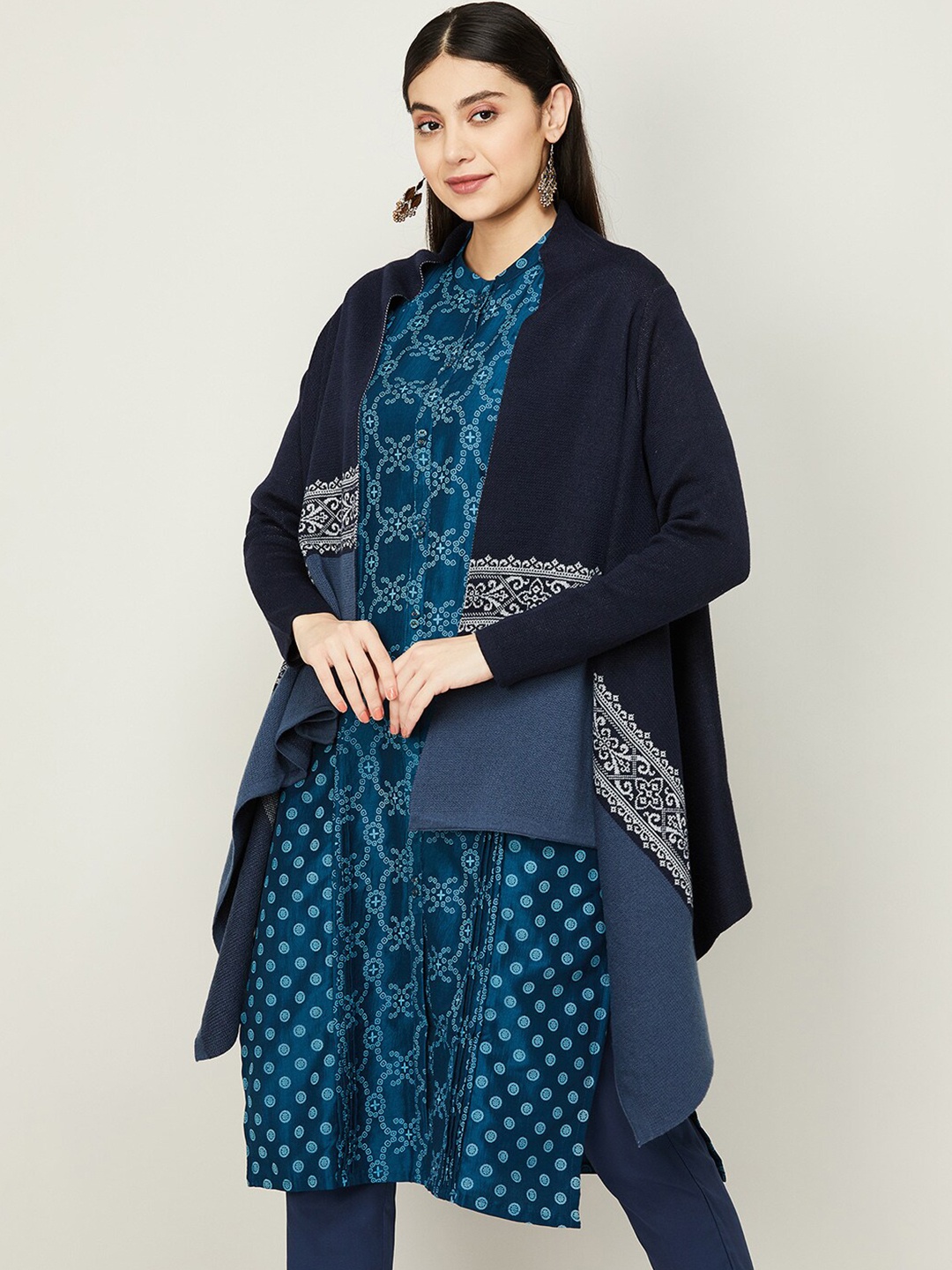 

Melange by Lifestyle Women Printed Longline Shrug, Navy blue