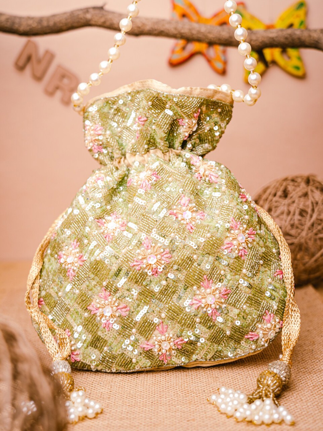 

NR By Nidhi Rathi Embellished Potli Clutch, Beige