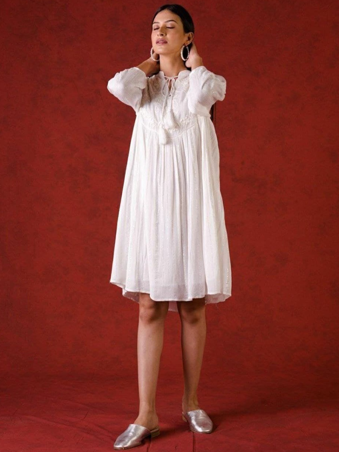 

AUTUMN LANE Embroidered A-Line Above Knee-Length Cotton Dress, White