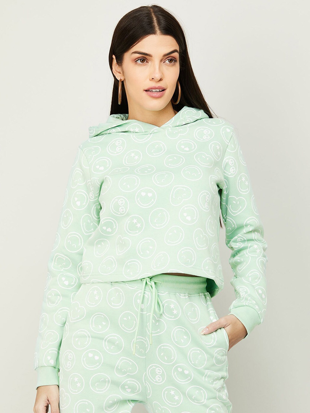 

SmileyWorld Women Printed Hooded Cotton Sweatshirt, Sea green