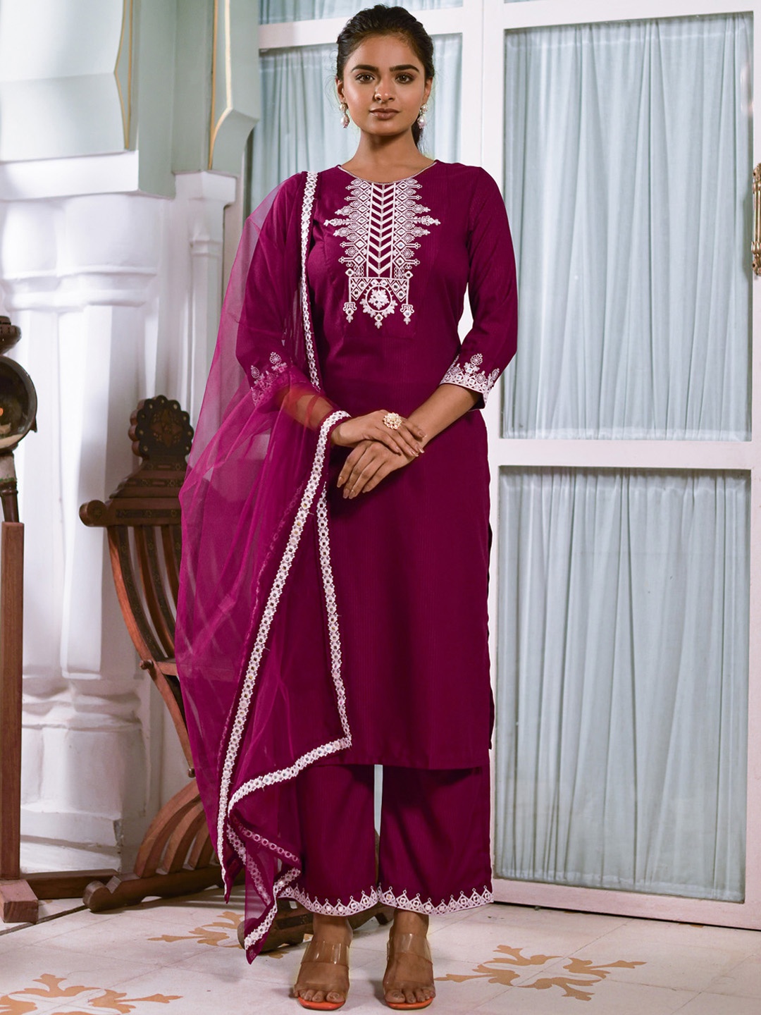 

ASPORA Ethnic Motifs Embroidered Round Neck Kurta with Trousers & Dupatta, Purple