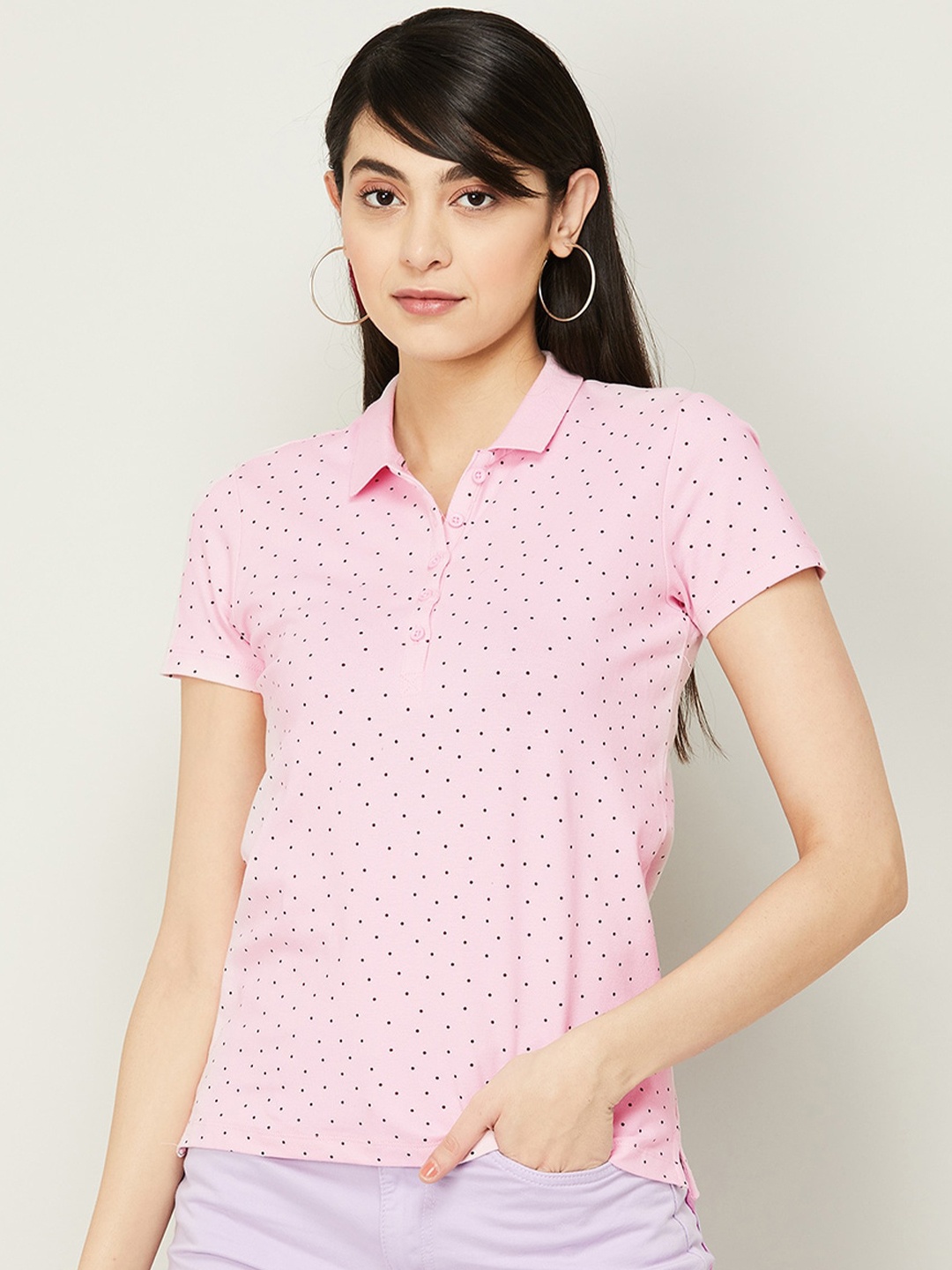 

CODE by Lifestyle Women Printed Polo Collar Cotton T-shirt, Pink