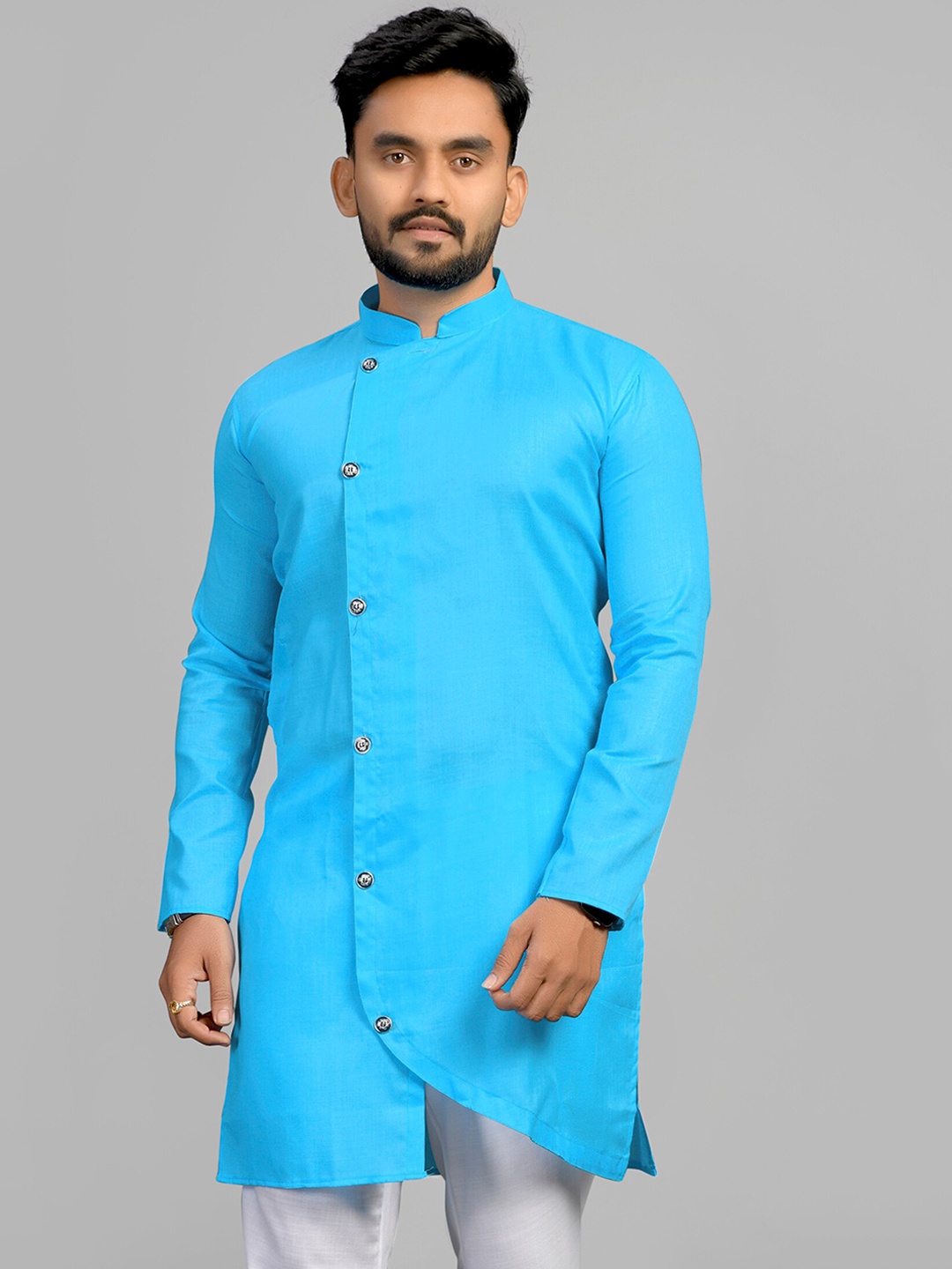 

Fashion FRICKS Men Mandarin Collar Kurta, Turquoise blue