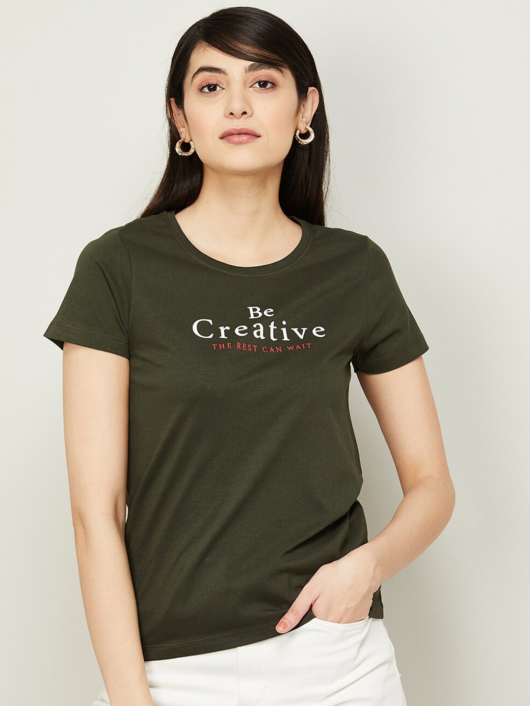 

Fame Forever by Lifestyle Women Typography Printed Pure Cotton T-shirt, Olive